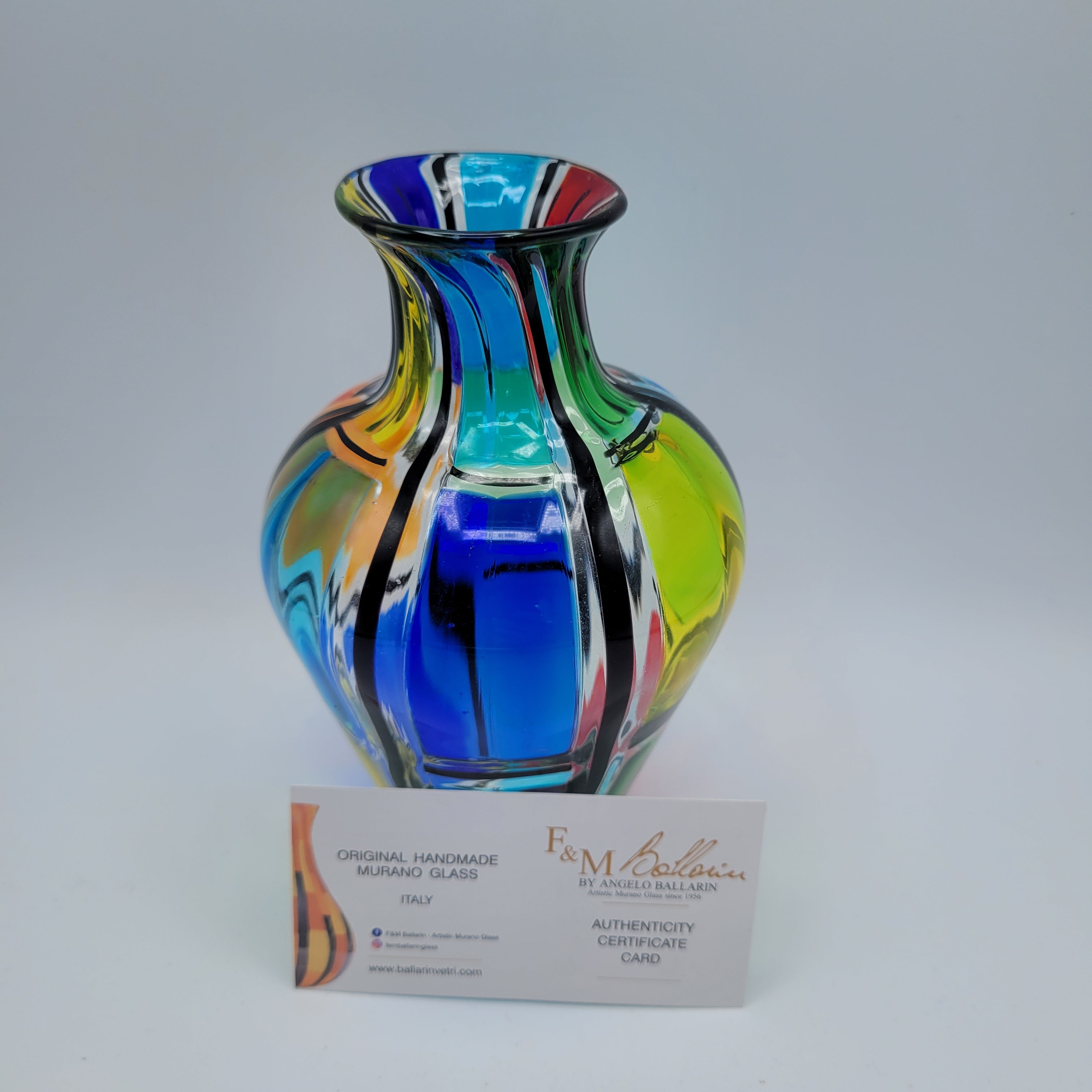 Angelo Ballarin "Carnevale Vase" from the F&M Ballarin studio. Signed, label, and certified Murano Pezzato Glass
