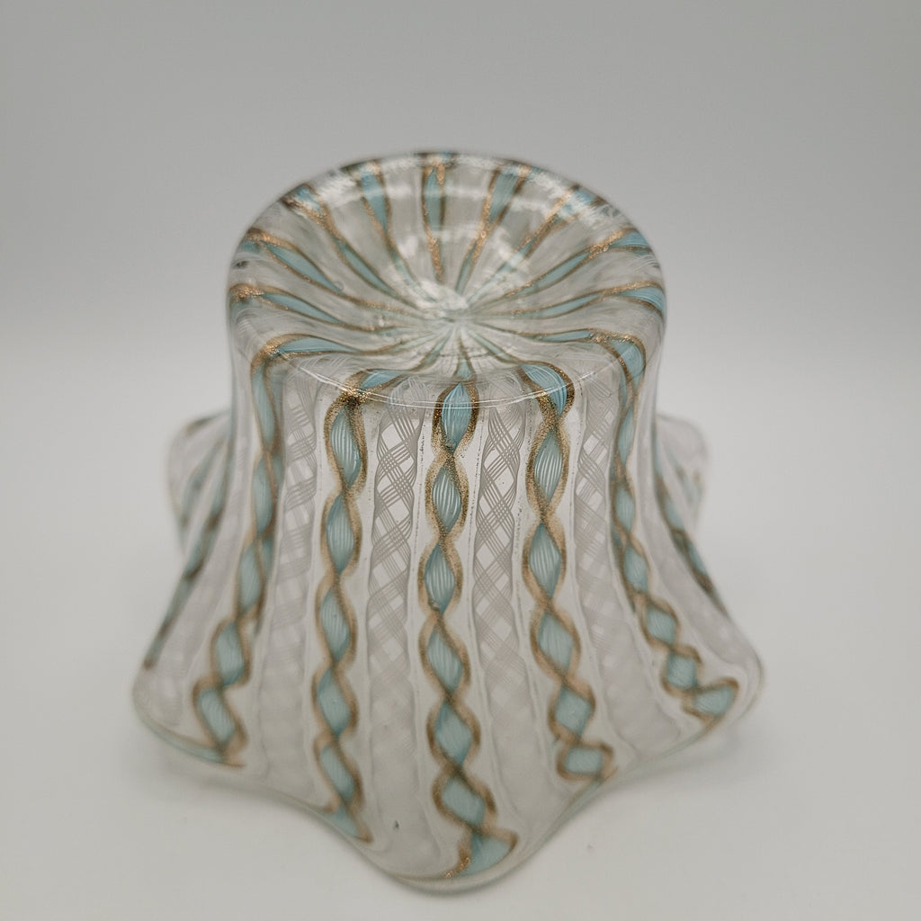 Unmarked Mid-Century Murano Filigrana Zanfirico Aventurine Glass Bowl.