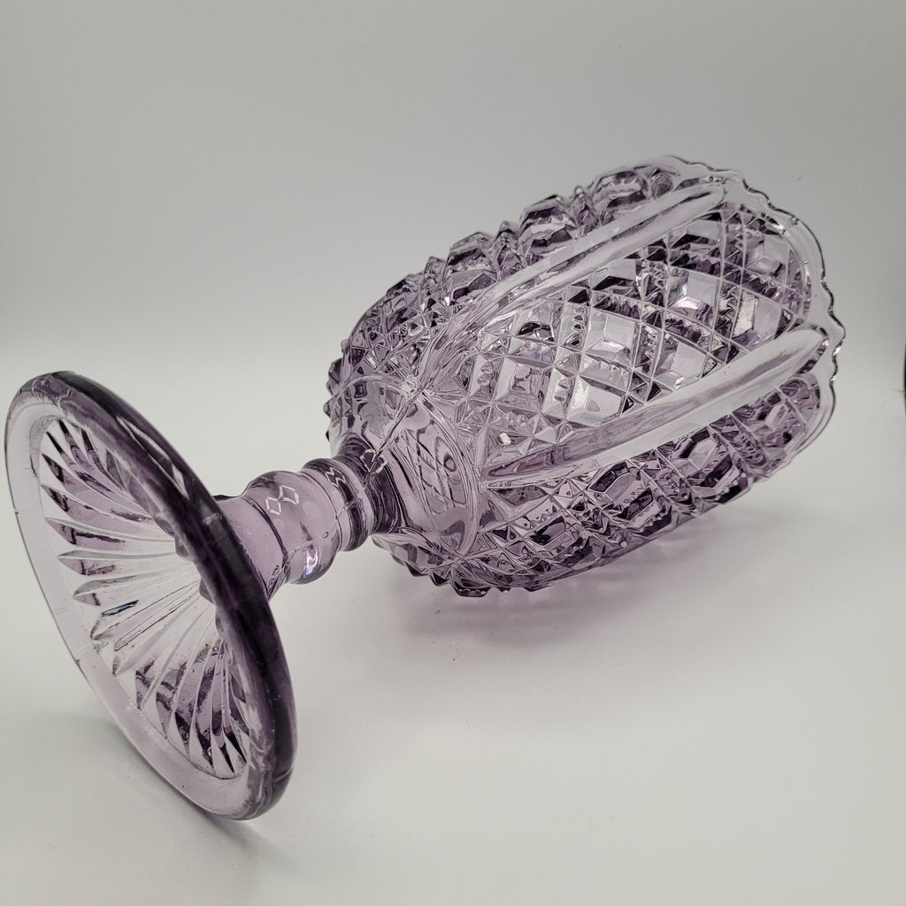 Amethyst Pressed Glass Pedestal Vase – 28cm Tall, Diamond & Fan Pattern, c.1930s–50s British