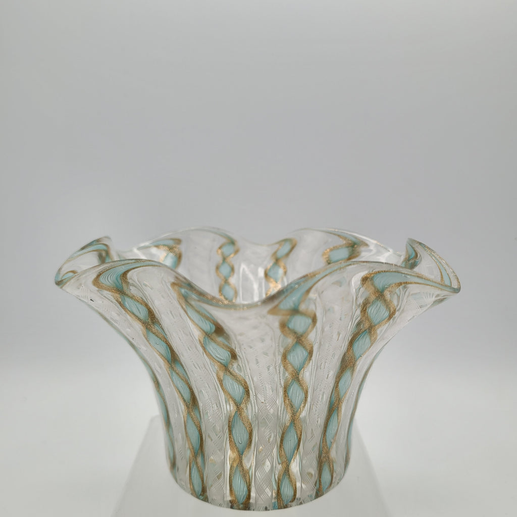 Unmarked Mid-Century Murano Filigrana Zanfirico Aventurine Glass Bowl.