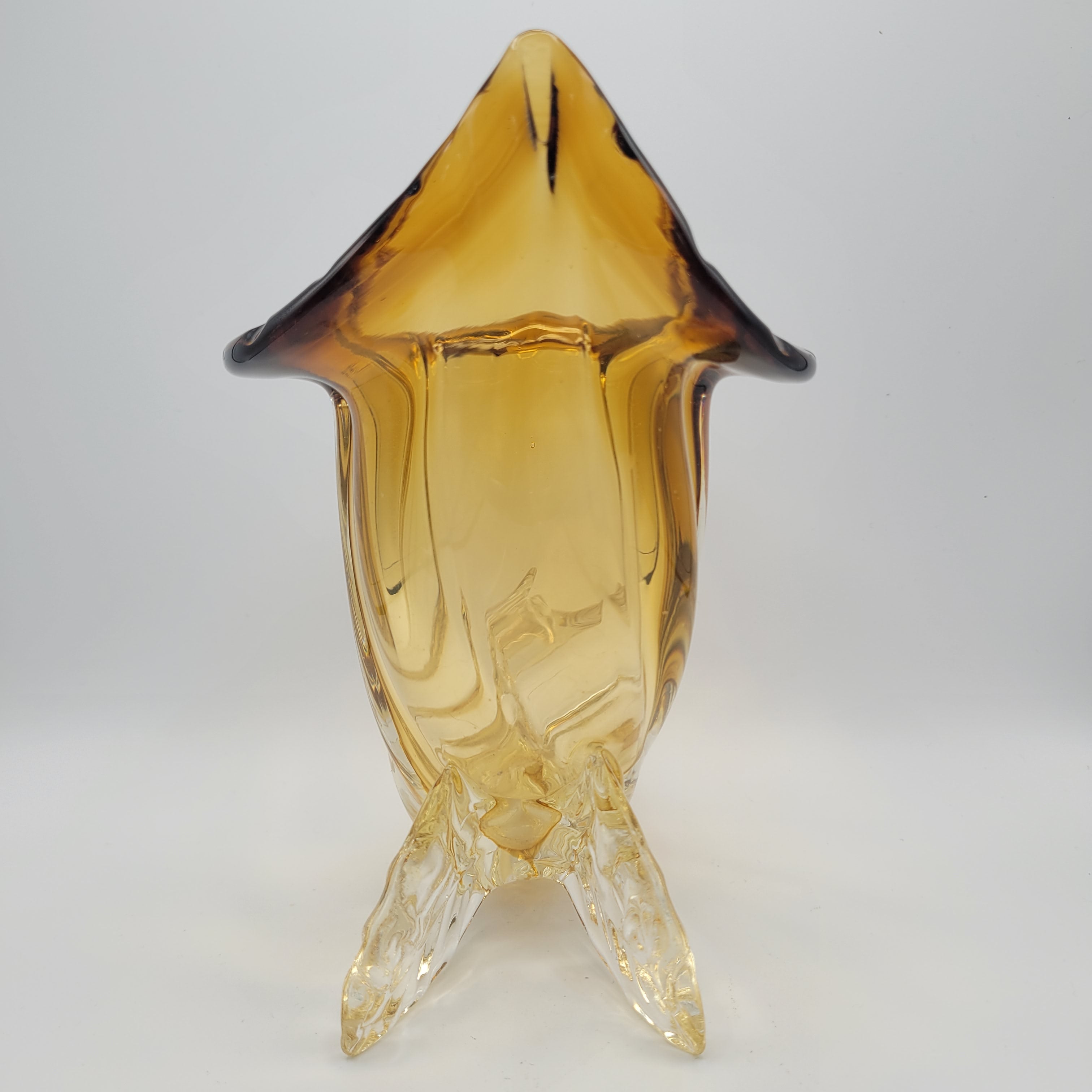 Vintage hand-blown art glass Cornucopia "Horn of Plenty" Murano School. Unmarked. Amber & Clear Vase. 1950S-1960S