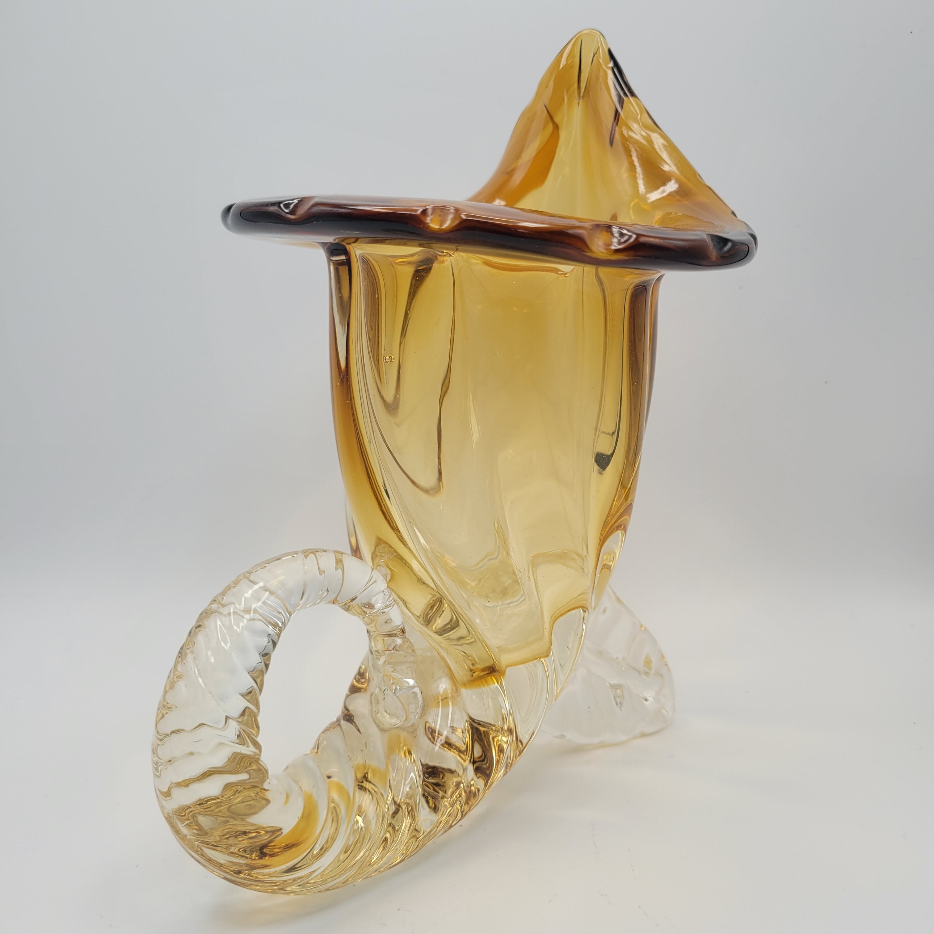 Vintage hand-blown art glass Cornucopia "Horn of Plenty" Murano School. Unmarked. Amber & Clear Vase. 1950S-1960S