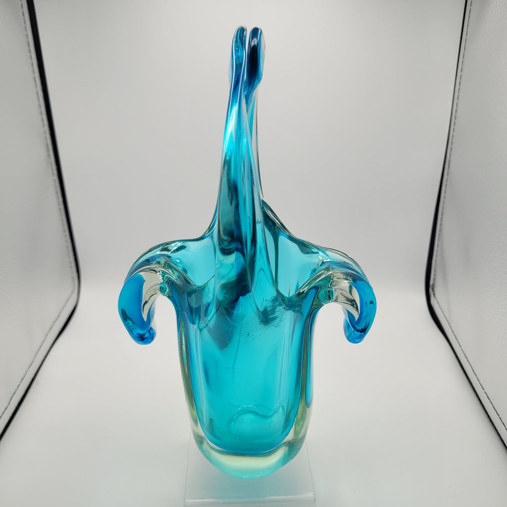 Sommerso Glass Basket Vase – Turquoise & Aqua, Likely Murano, in the Manner of Seguso Vetri d’Arte, c.1960s
