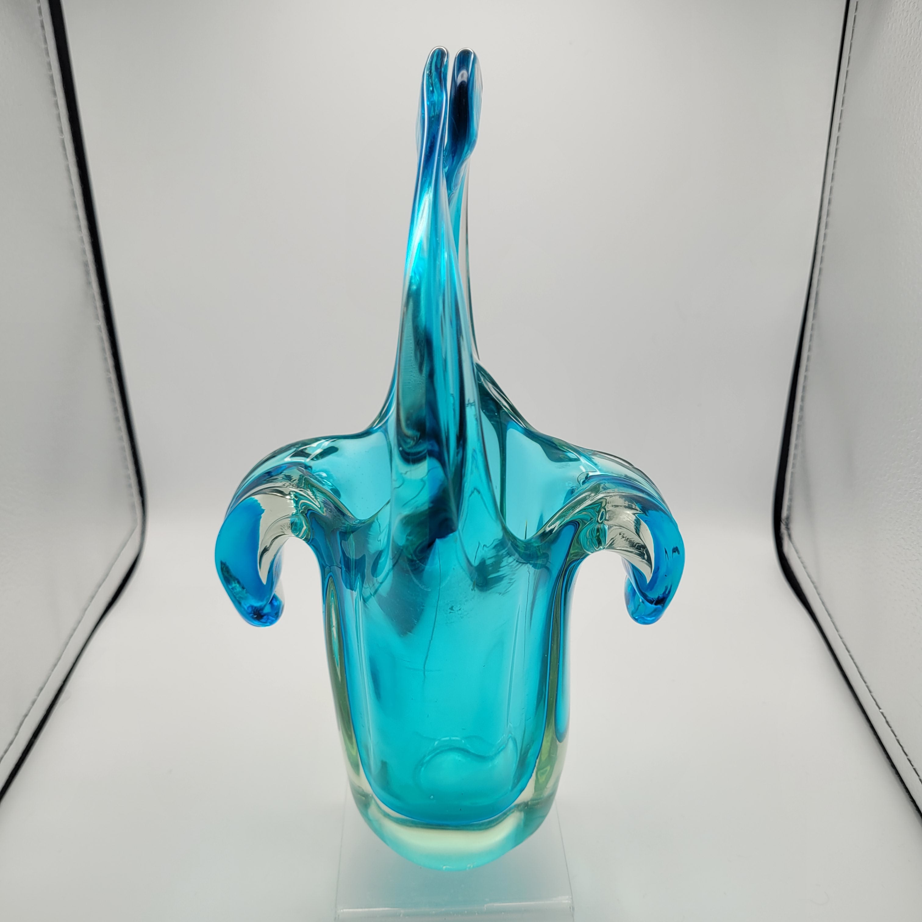 Sommerso Glass Basket Vase – Turquoise & Aqua, Likely Murano, in the Manner of Seguso Vetri d’Arte, c.1960s