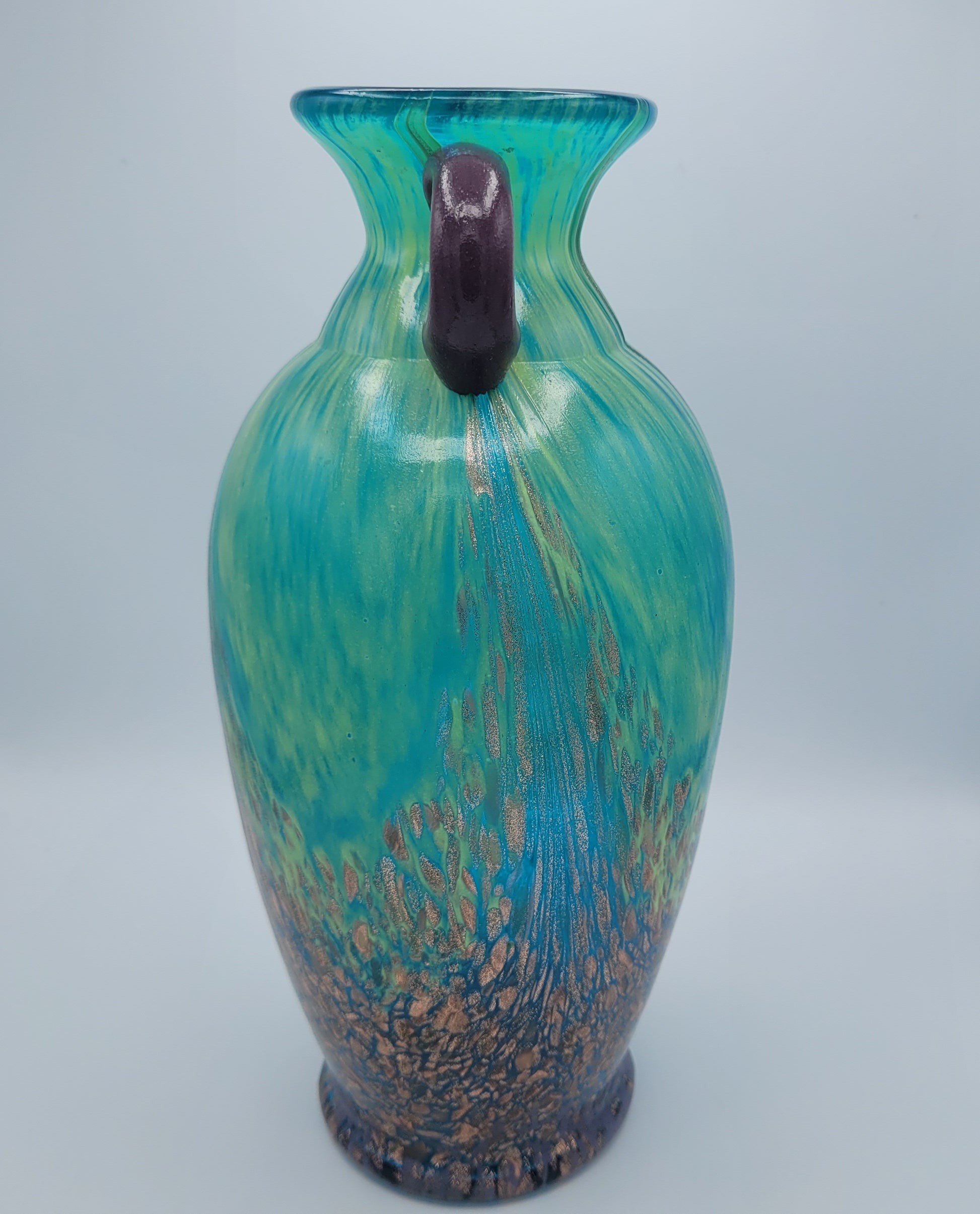 Dale Tiffany Favrile Art Glass Milano Amphora Teal-Blue Vase with Copper Aventurine Infusion