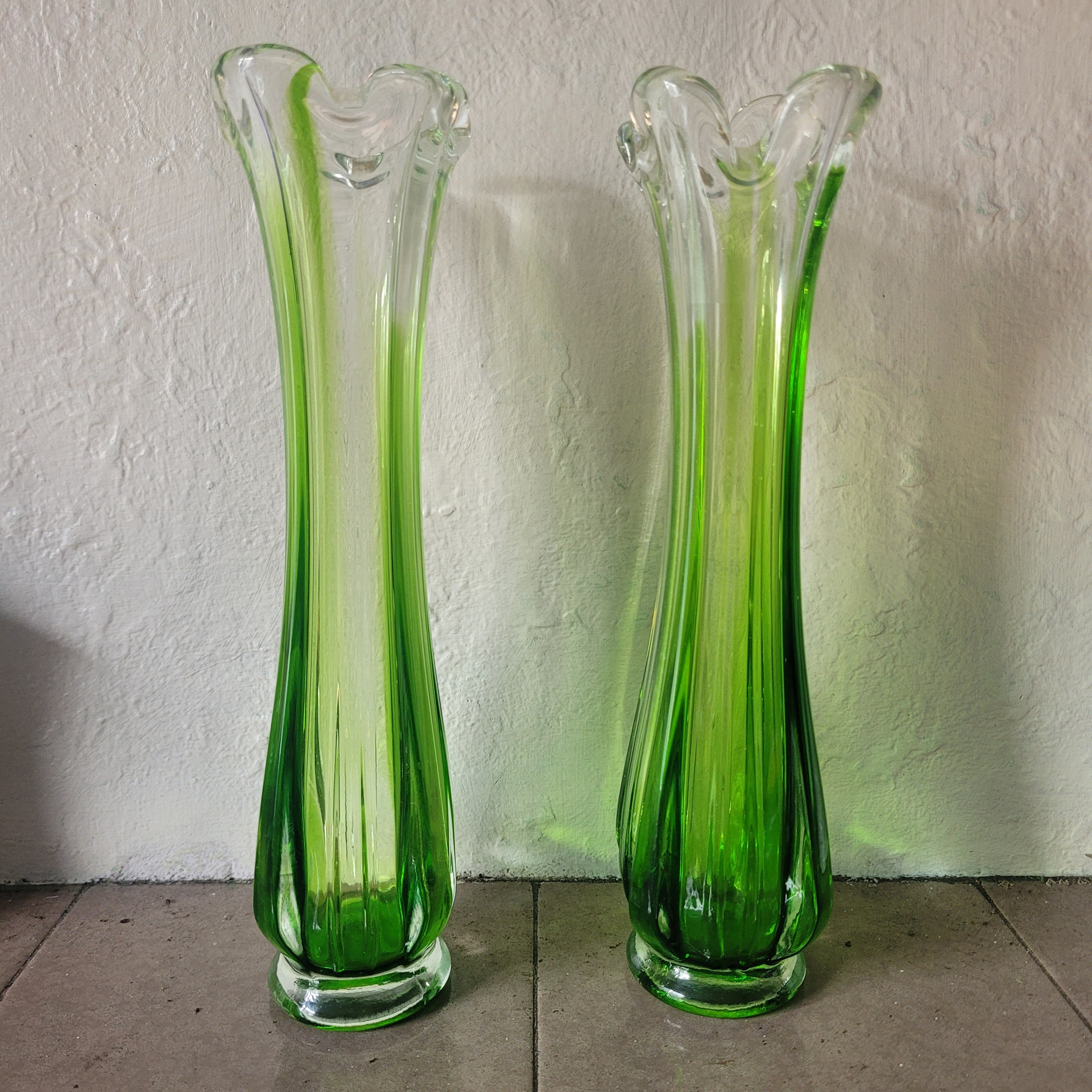 Pair of Vibrant Green Swung Vases. Likely American mid century Glassware - unmarked.