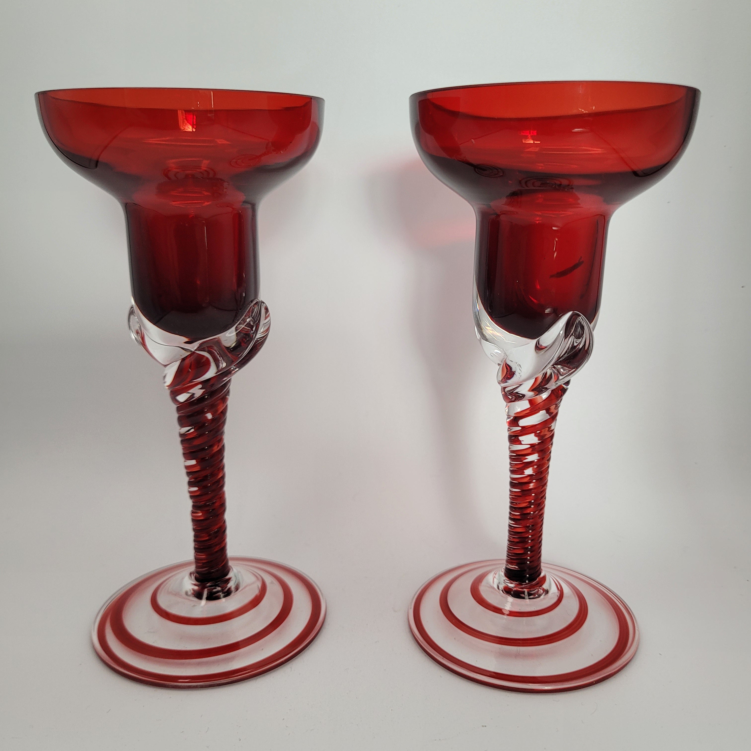 Pair of Polish hand-blown, Ruby glass, twisted stem  candleholders.1960s/70s MCM