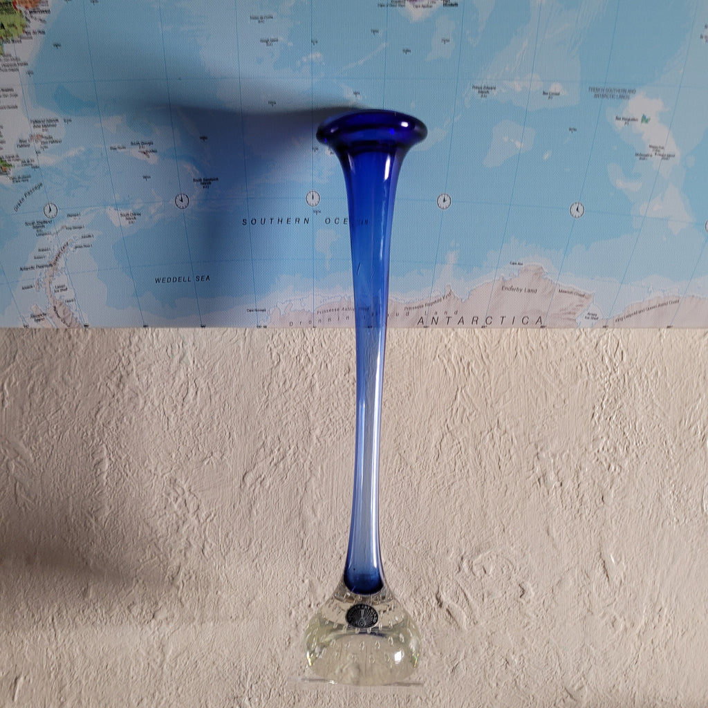 Tall Swedish Art Glass Pulpit Vase — Cobalt Blue with Controlled-Bubble Base, 35 cm tall