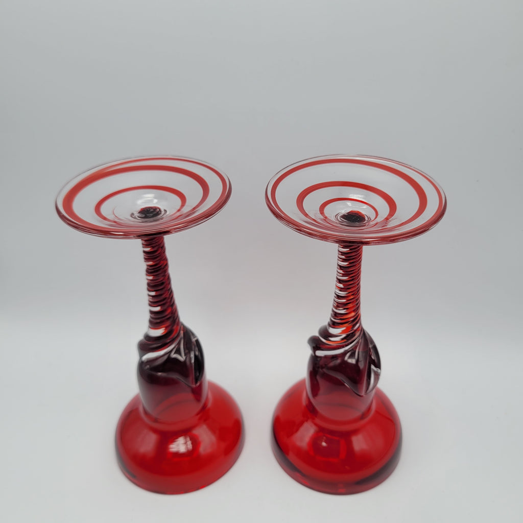 Pair of Polish hand-blown, Ruby glass, twisted stem  candleholders.1960s/70s MCM