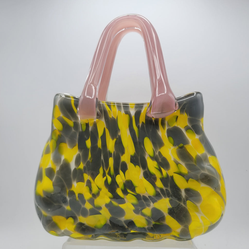 Murano Art Glass Handbag vase/Sculpture – Yellow & Grey with Pink Handles 👛