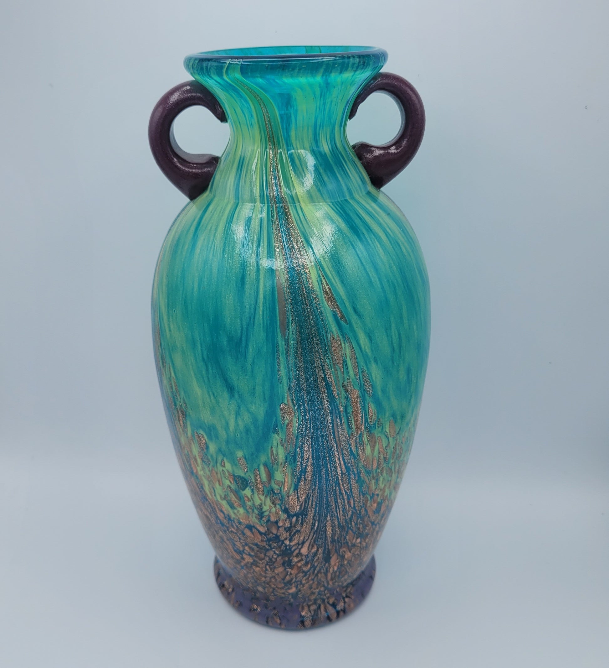 Dale Tiffany Favrile Art Glass Milano Amphora Teal-Blue Vase with Copper Aventurine Infusion