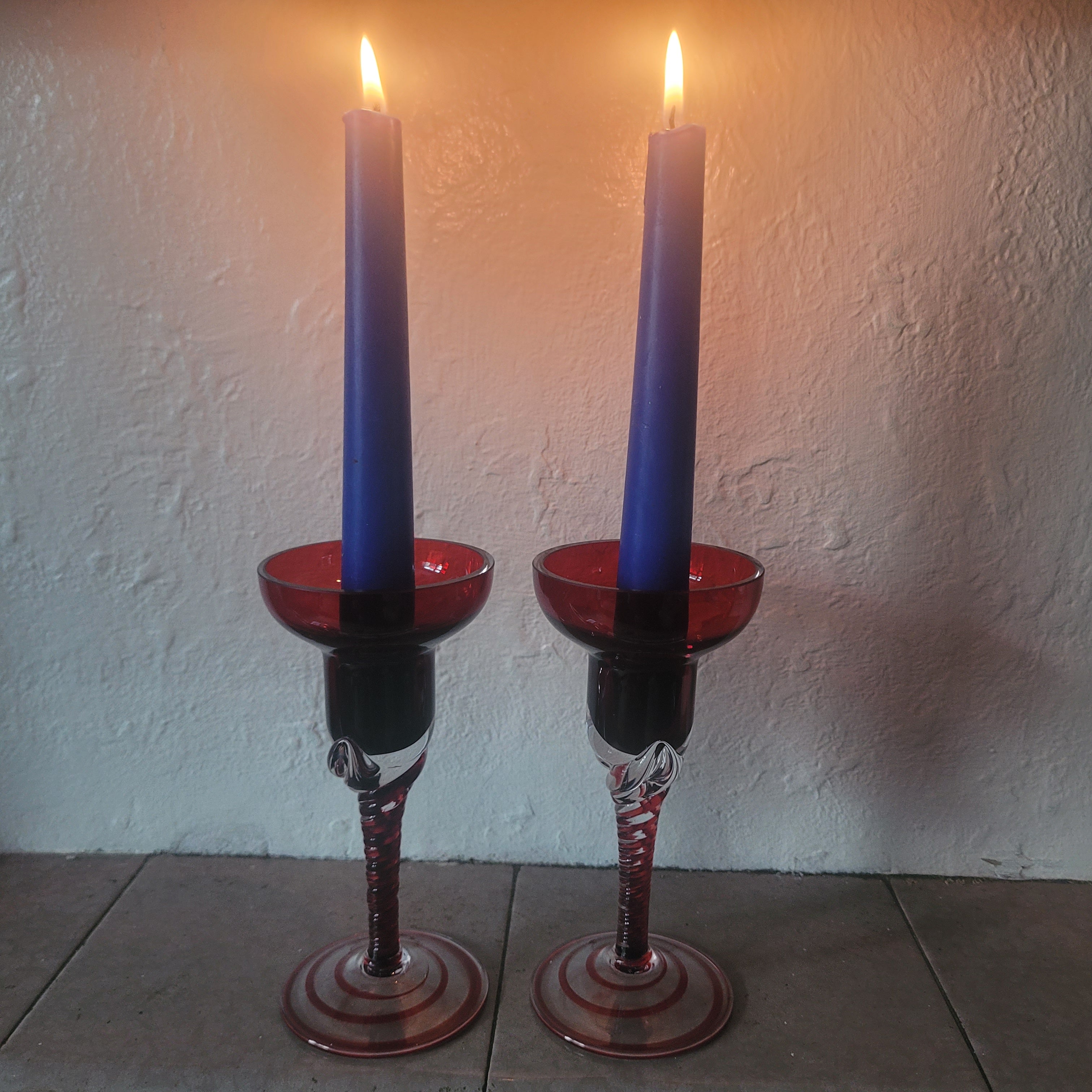 Pair of Polish hand-blown, Ruby glass, twisted stem  candleholders.1960s/70s MCM