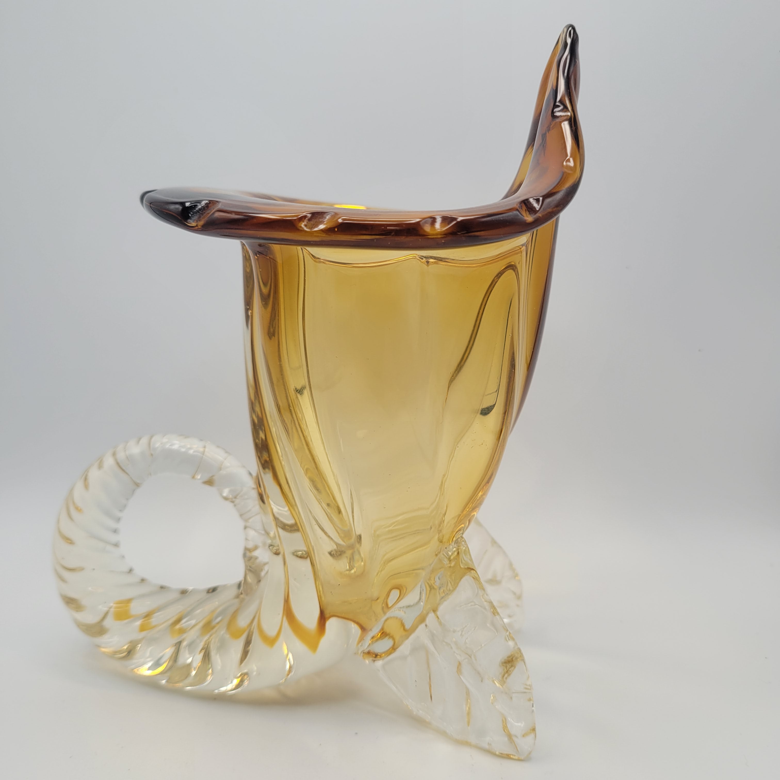 Vintage hand-blown art glass Cornucopia "Horn of Plenty" Murano School. Unmarked. Amber & Clear Vase. 1950S-1960S