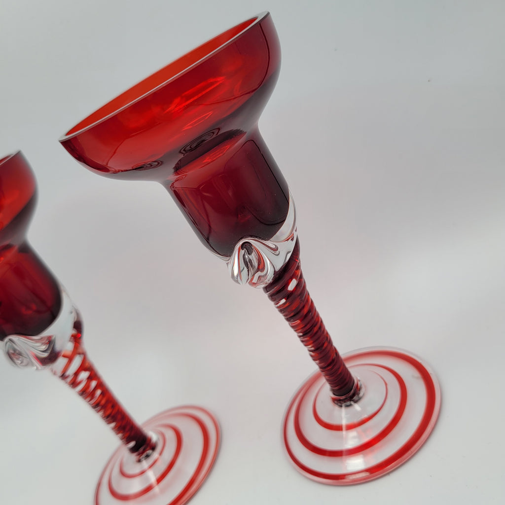 Pair of Polish hand-blown, Ruby glass, twisted stem  candleholders.1960s/70s MCM