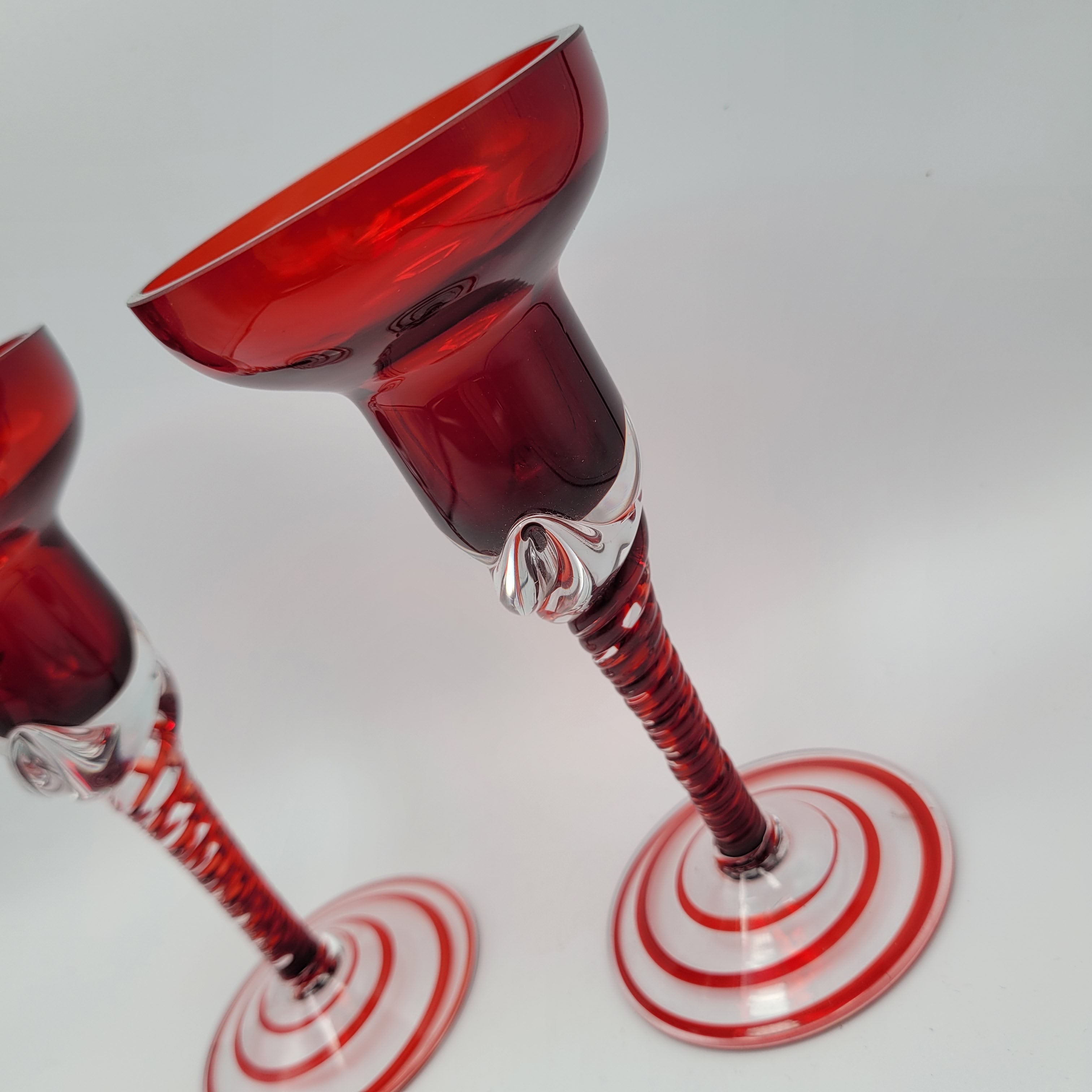 Pair of Polish hand-blown, Ruby glass, twisted stem  candleholders.1960s/70s MCM