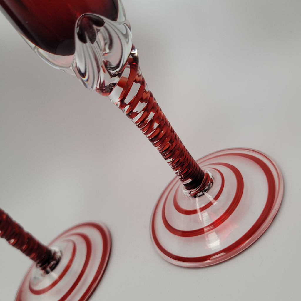 Pair of Polish hand-blown, Ruby glass, twisted stem  candleholders.1960s/70s MCM