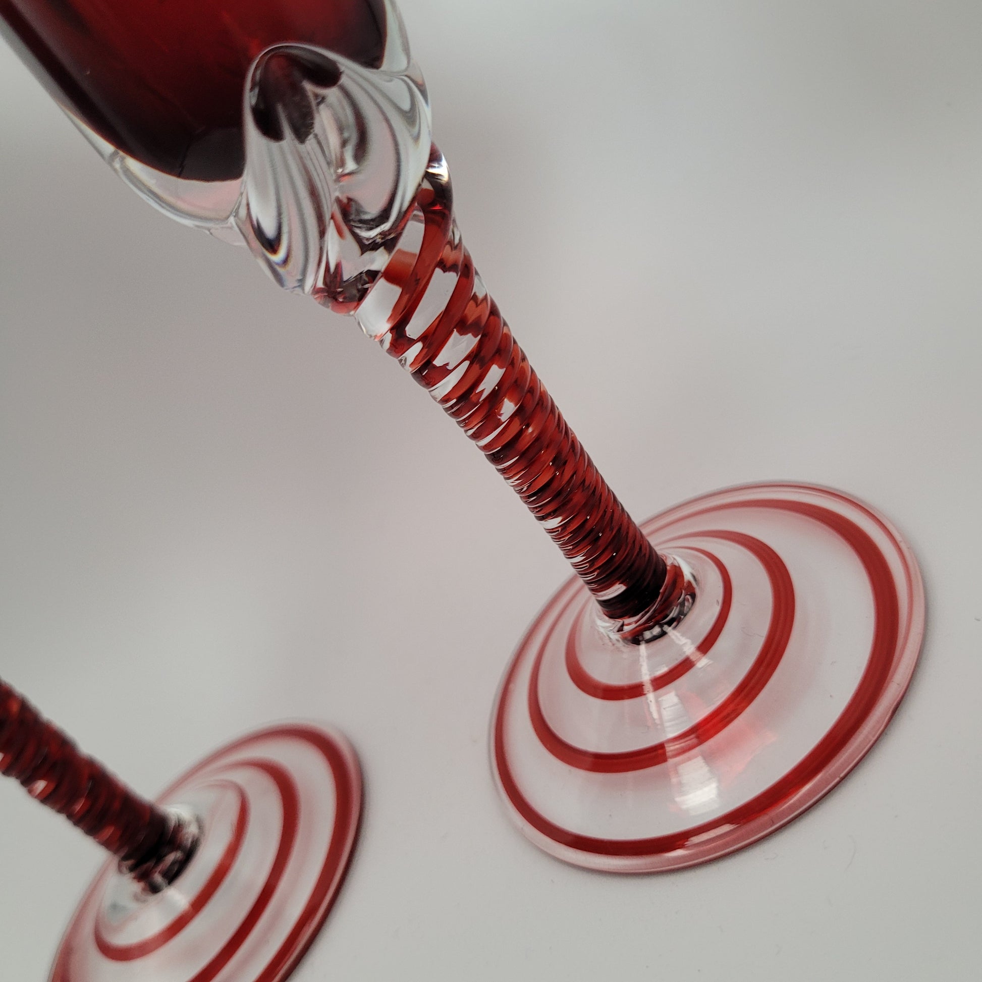 Pair of Polish hand-blown, Ruby glass, twisted stem  candleholders.1960s/70s MCM