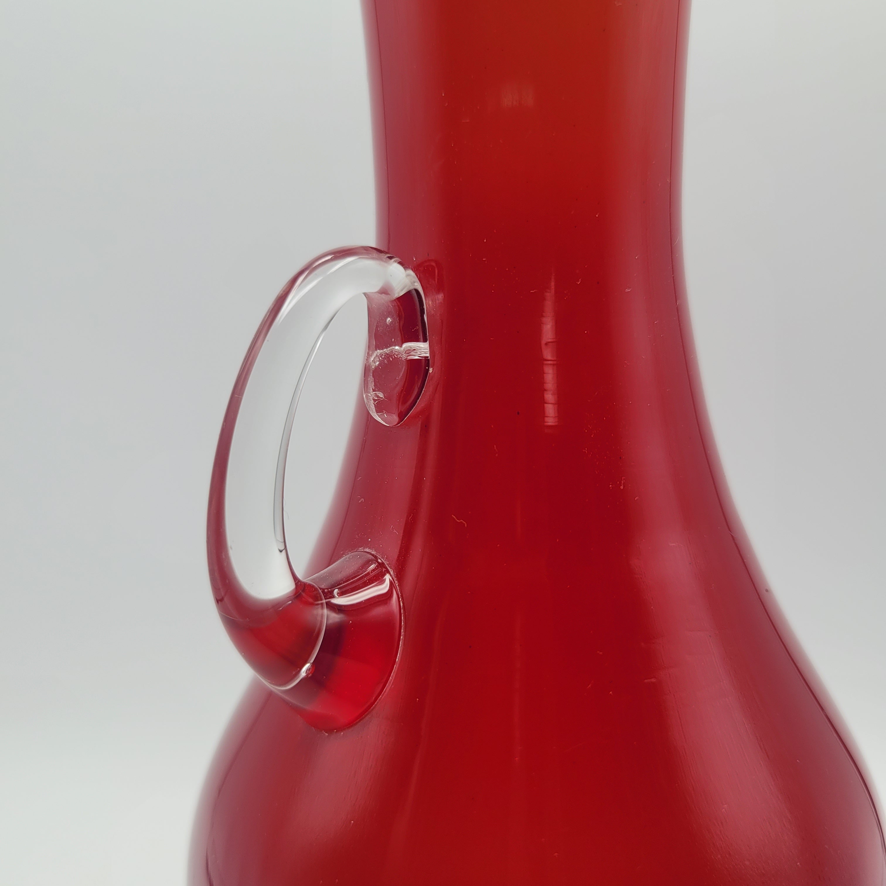 Italian Cased Ruby Red Glass Handled Vase – Attributed to the Empoli Region, c.1960–1970s 🇮🇹