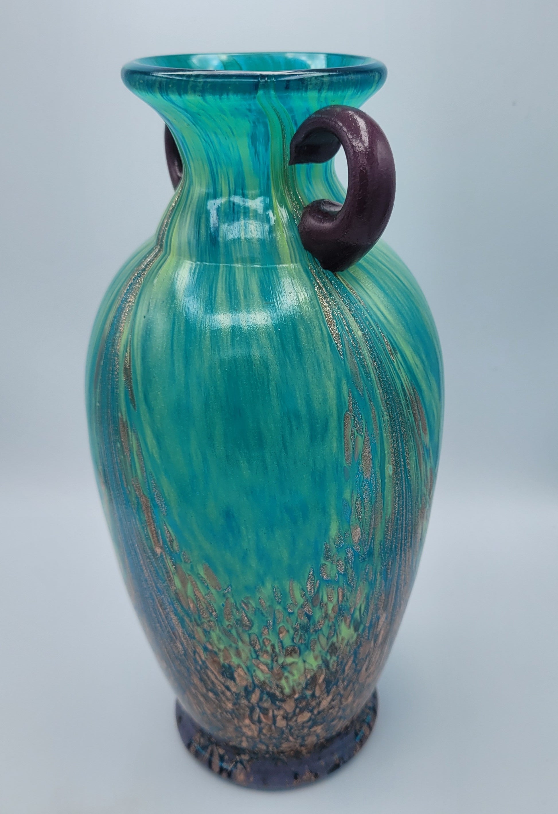 Dale Tiffany Favrile Art Glass Milano Amphora Teal-Blue Vase with Copper Aventurine Infusion
