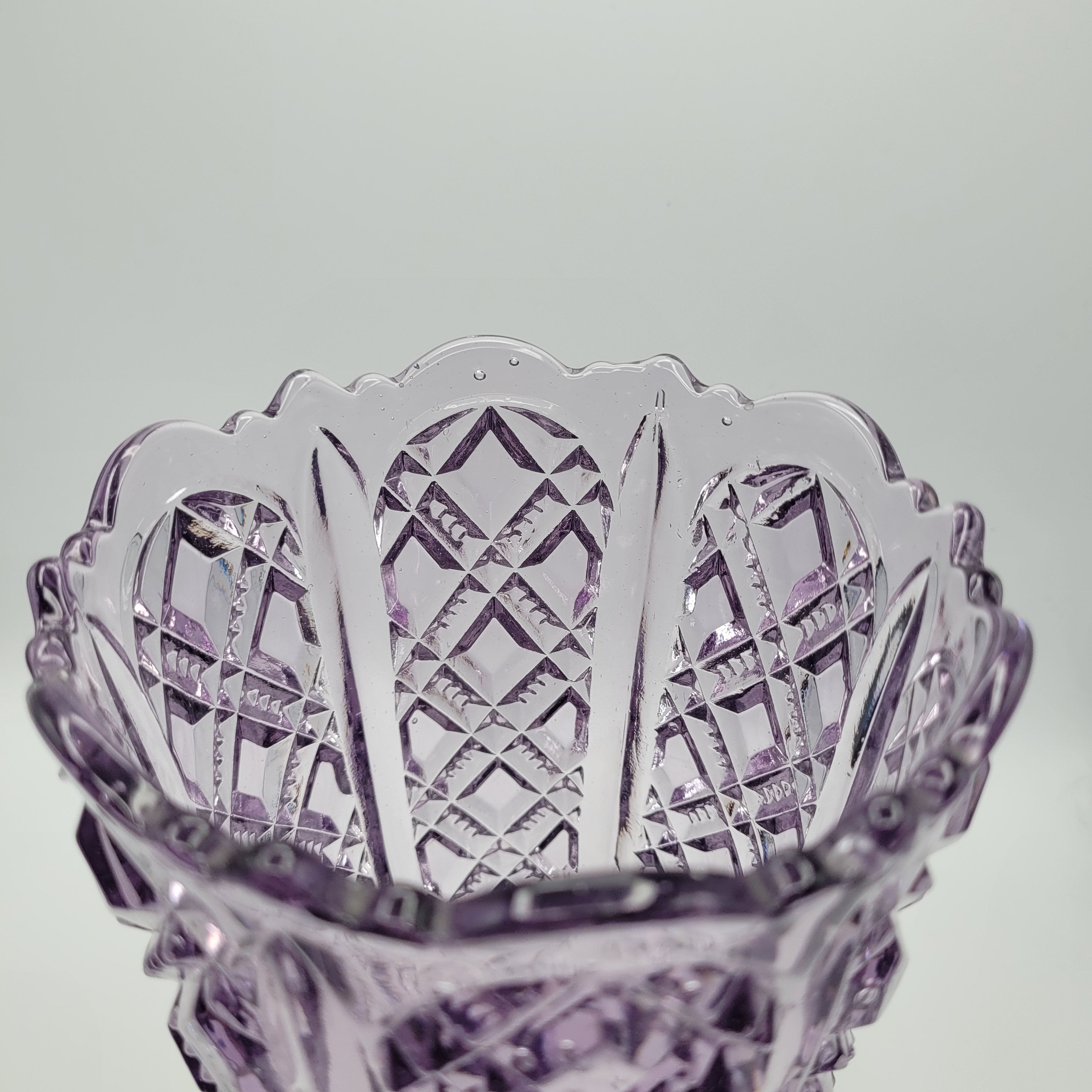 Amethyst Pressed Glass Pedestal Vase – 28cm Tall, Diamond & Fan Pattern, c.1930s–50s British