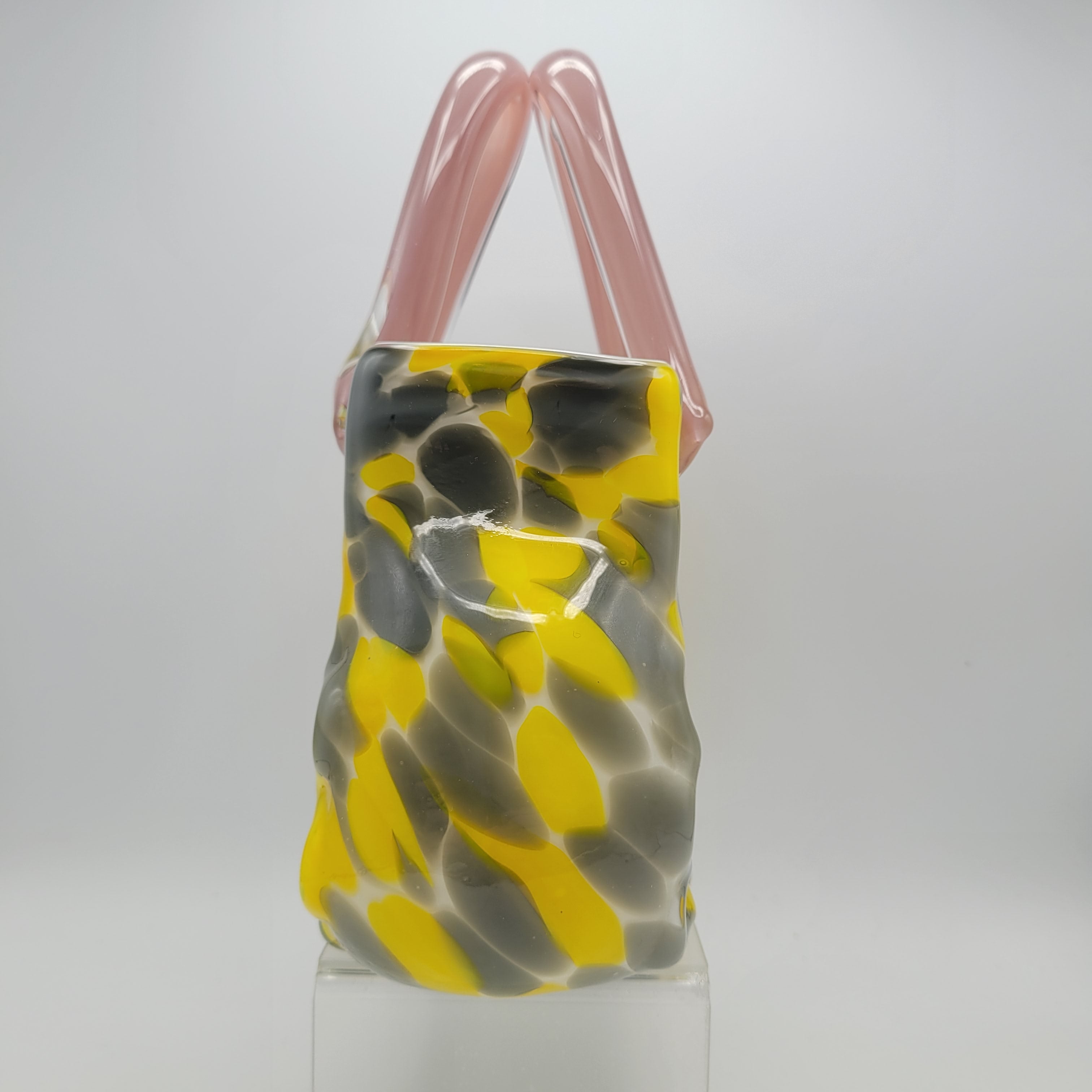 Murano Art Glass Handbag vase/Sculpture – Yellow & Grey with Pink Handles 👛