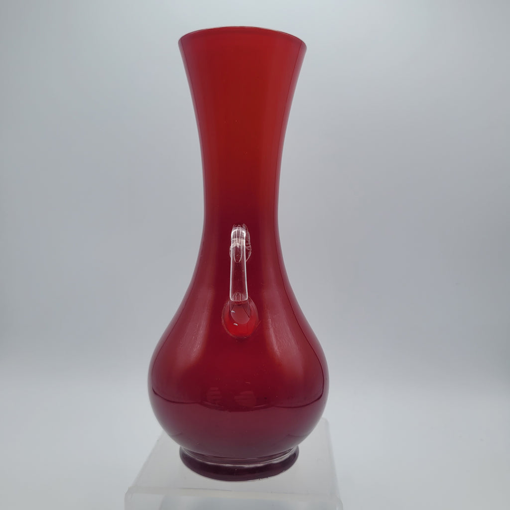 Italian Cased Ruby Red Glass Handled Vase – Attributed to the Empoli Region, c.1960–1970s 🇮🇹