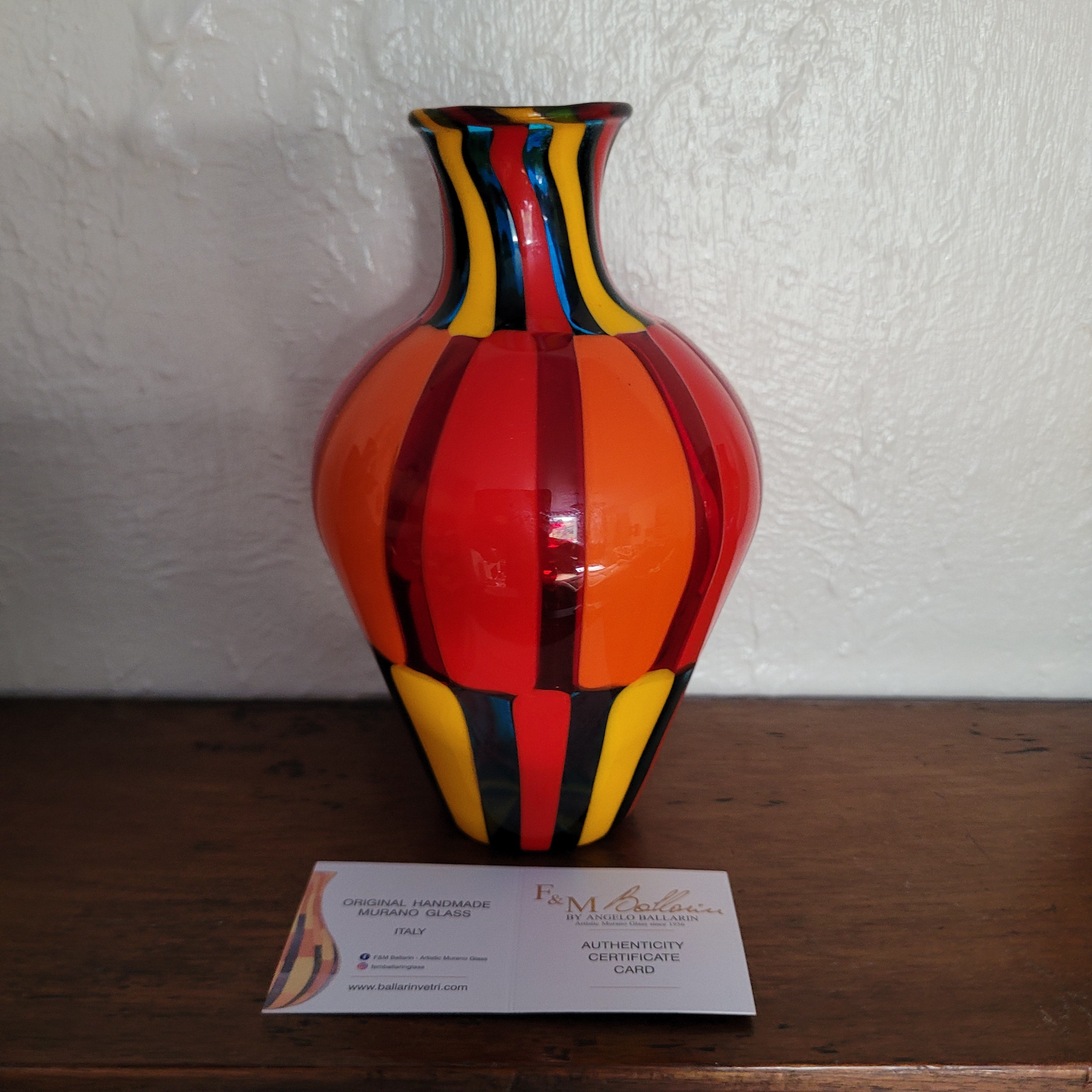 Vibrant Murano Pezzato Art Glass Vase by Angelo Ballarin, 😊 Signed & w/COA. museum quality.