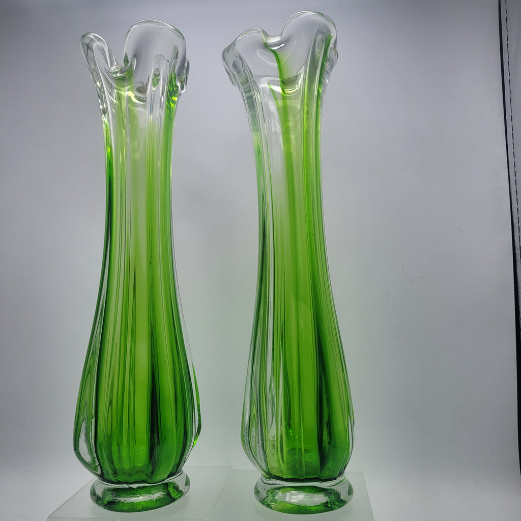 Pair of Vibrant Green Swung Vases. Likely American mid century Glassware - unmarked.