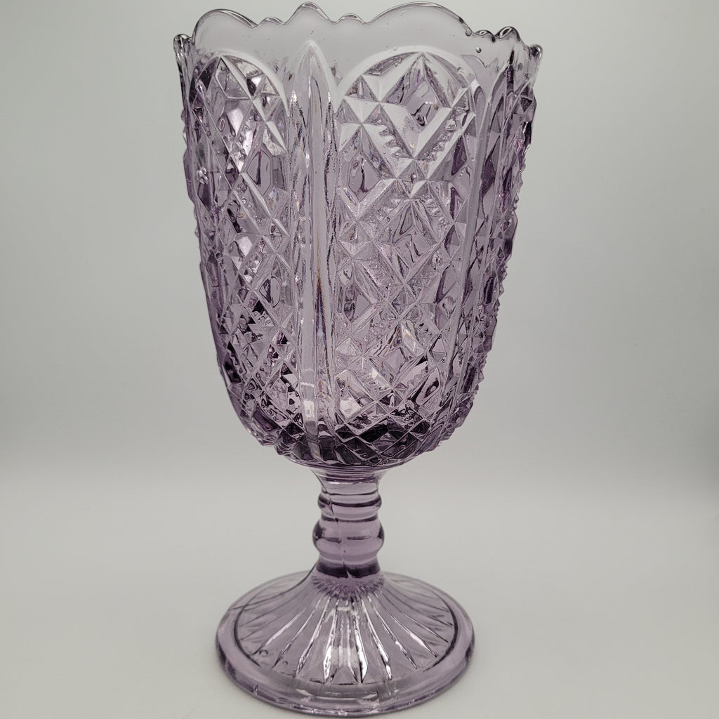 Amethyst Pressed Glass Pedestal Vase – 28cm Tall, Diamond & Fan Pattern, c.1930s–50s British