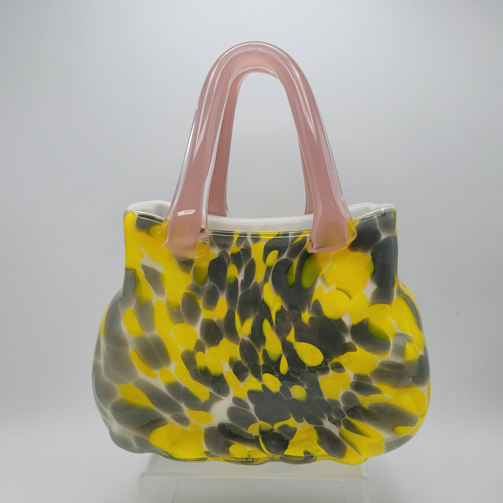 Murano Art Glass Handbag vase/Sculpture – Yellow & Grey with Pink Handles 👛