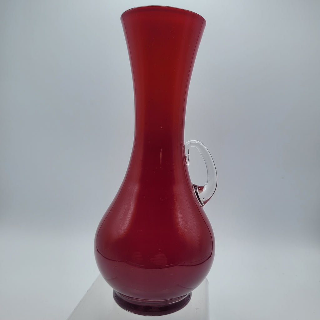 Italian Cased Ruby Red Glass Handled Vase – Attributed to the Empoli Region, c.1960–1970s 🇮🇹