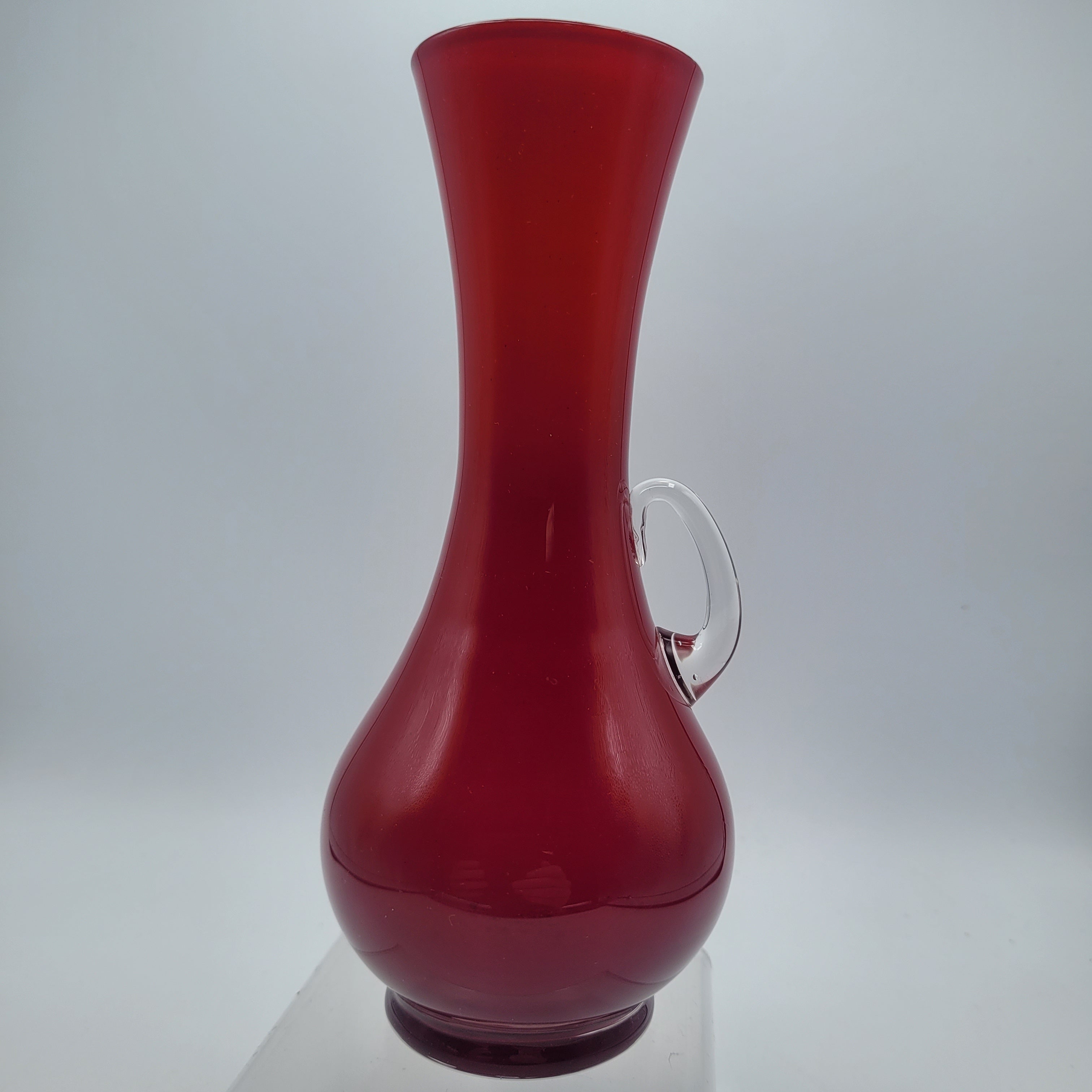 Italian Cased Ruby Red Glass Handled Vase – Attributed to the Empoli Region, c.1960–1970s 🇮🇹