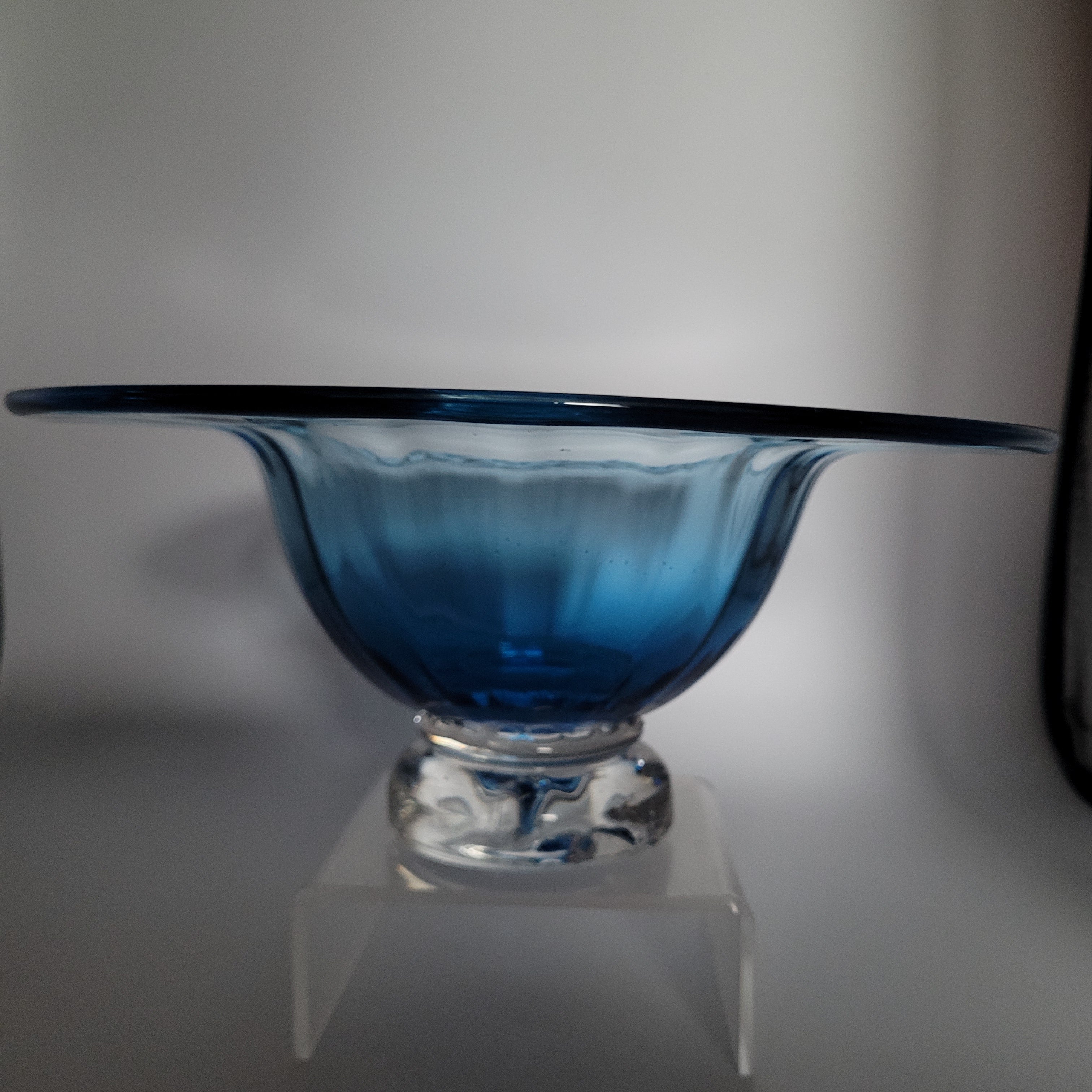 Hand-Blown Blue Footed Studio Art Glass Bowl — Bohemian, c.1960s–70s