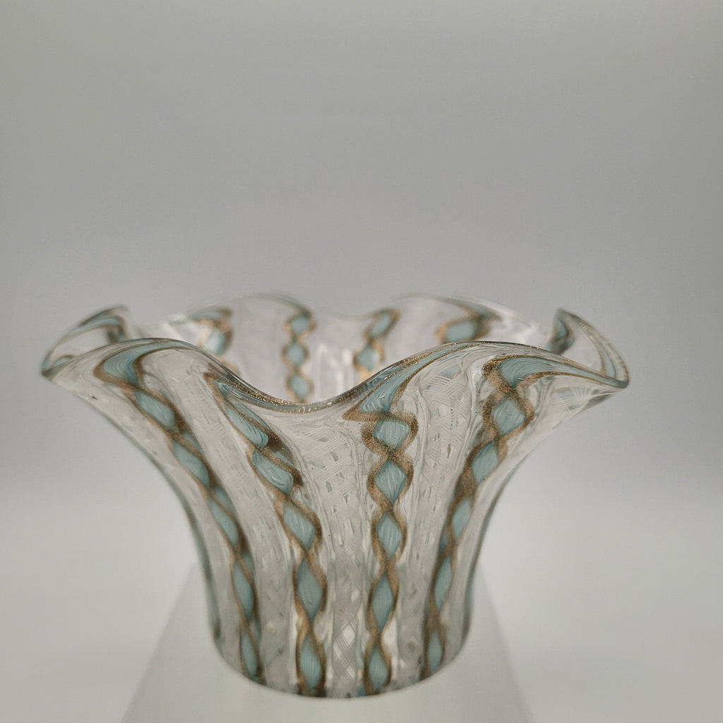 Unmarked Mid-Century Murano Filigrana Zanfirico Aventurine Glass Bowl.