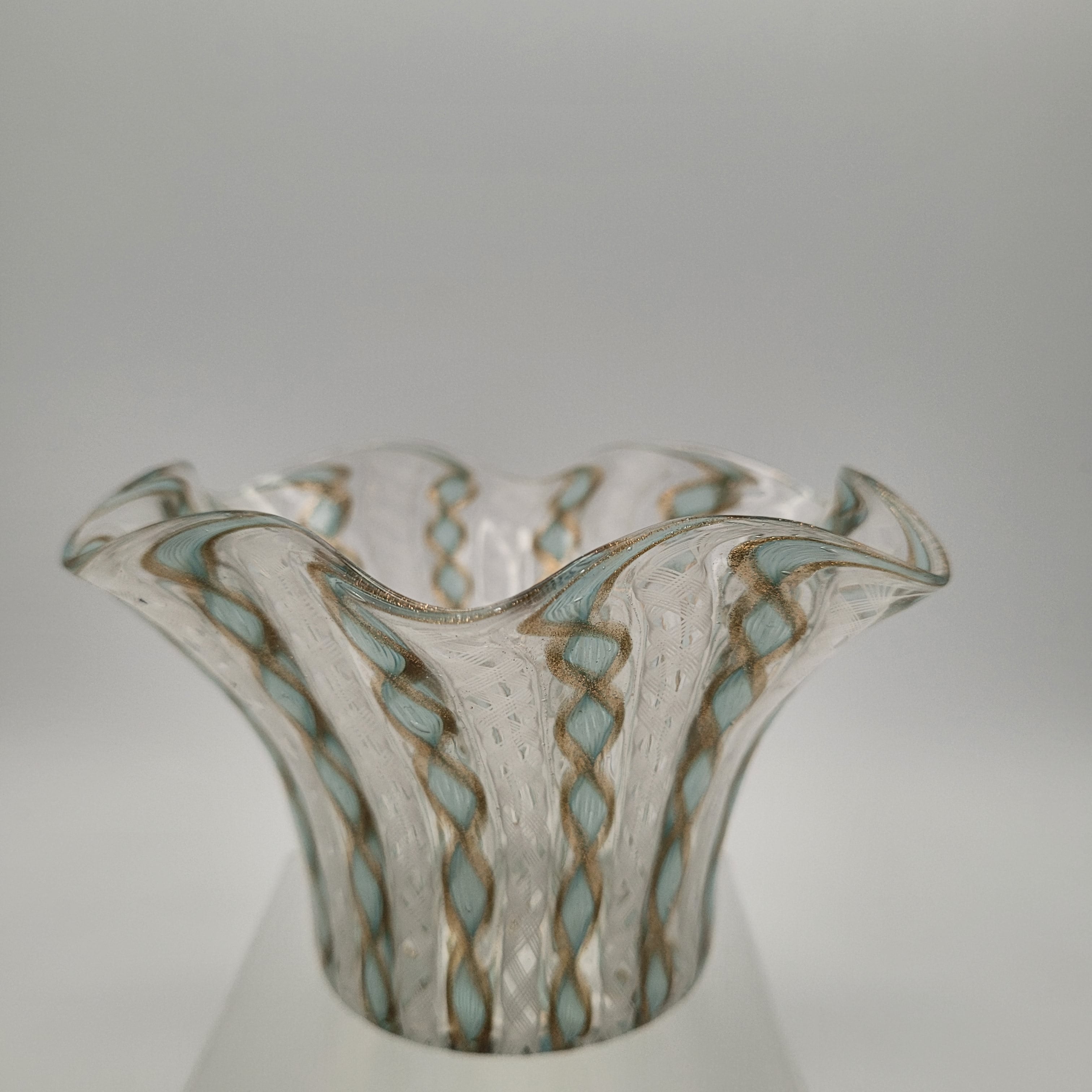 Unmarked Mid-Century Murano Filigrana Zanfirico Aventurine Glass Bowl.