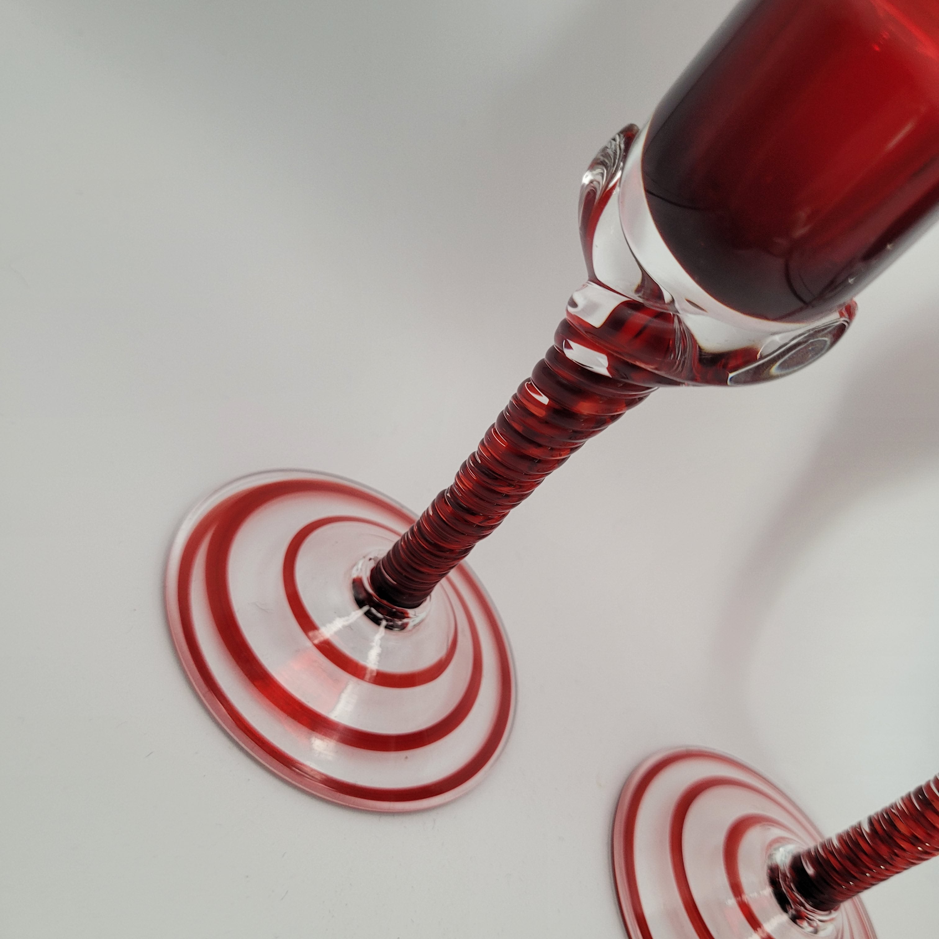 Pair of Polish hand-blown, Ruby glass, twisted stem  candleholders.1960s/70s MCM