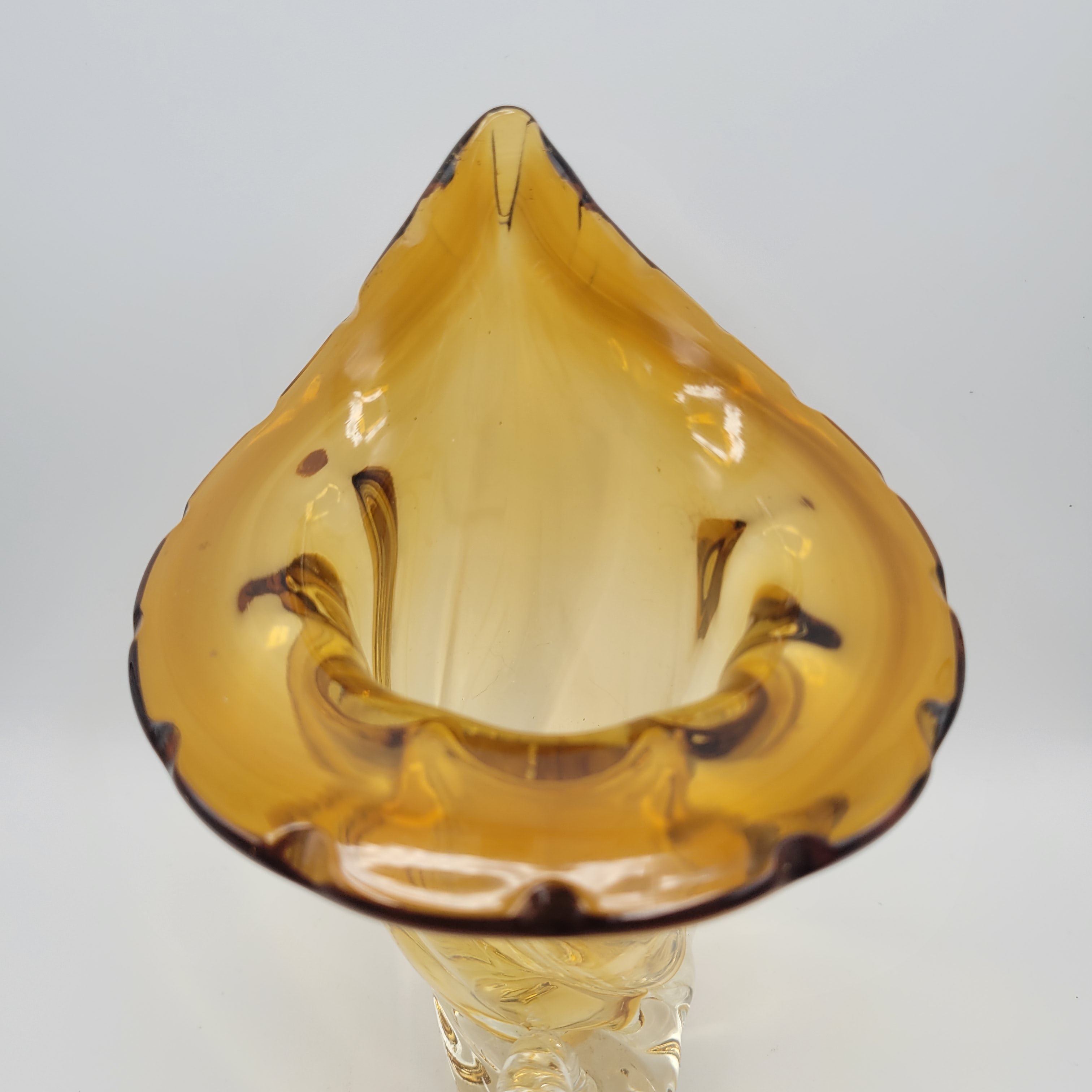 Vintage hand-blown art glass Cornucopia "Horn of Plenty" Murano School. Unmarked. Amber & Clear Vase. 1950S-1960S