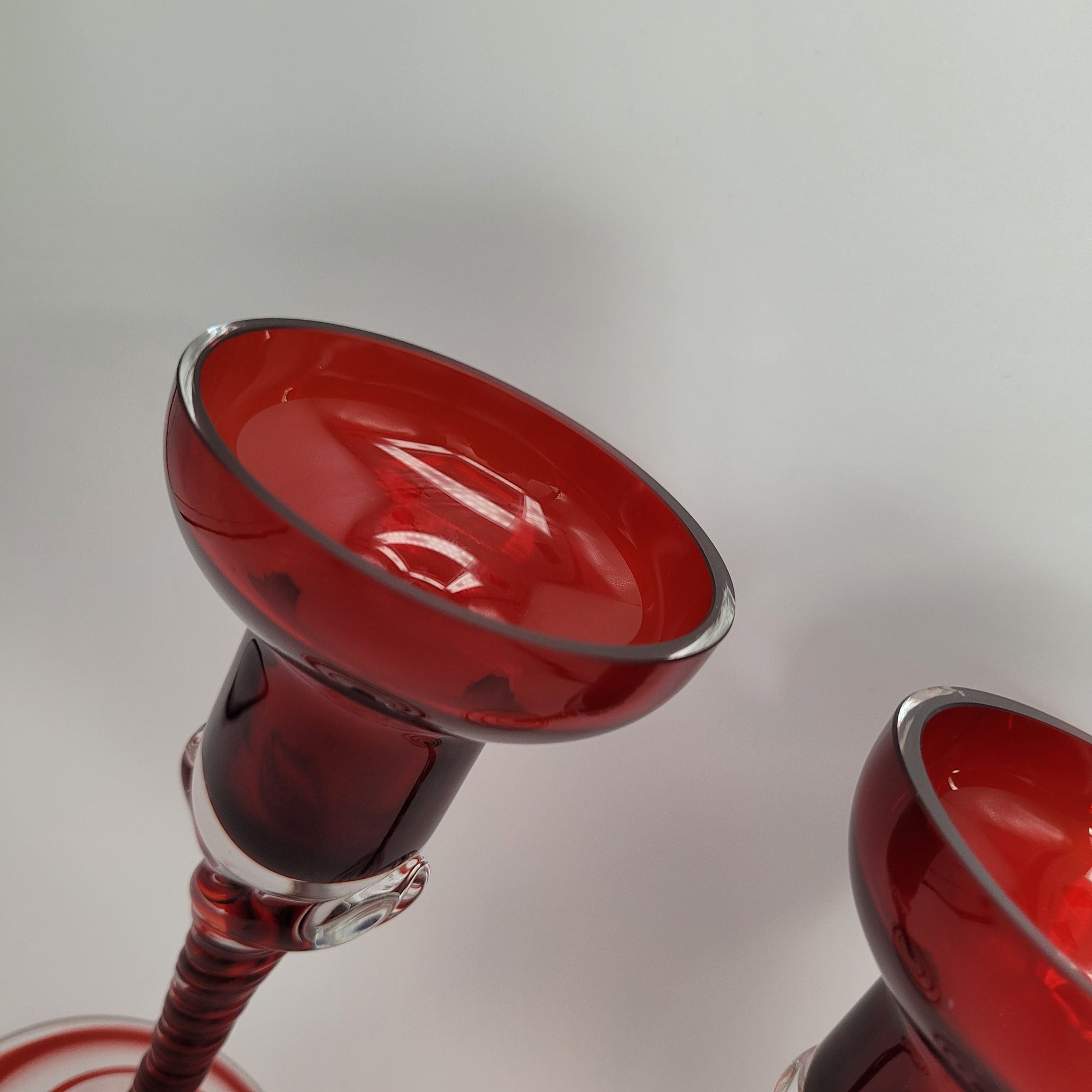 Pair of Polish hand-blown, Ruby glass, twisted stem  candleholders.1960s/70s MCM