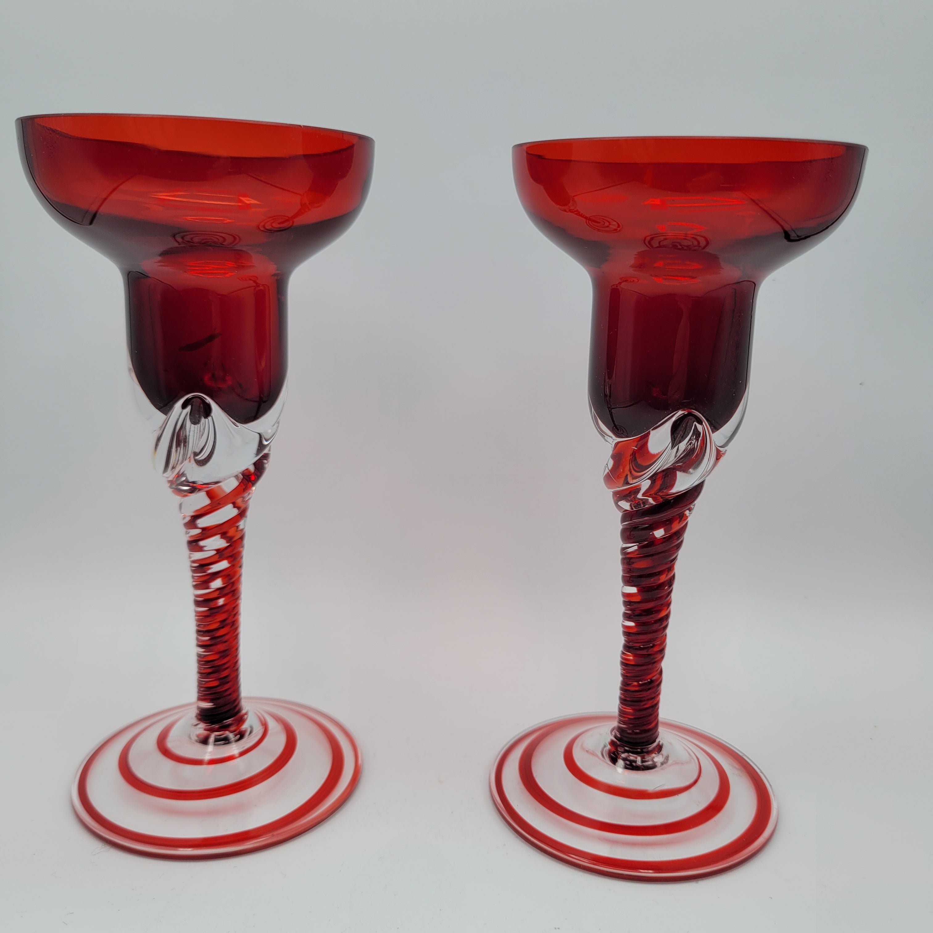 Pair of Polish hand-blown, Ruby glass, twisted stem  candleholders.1960s/70s MCM