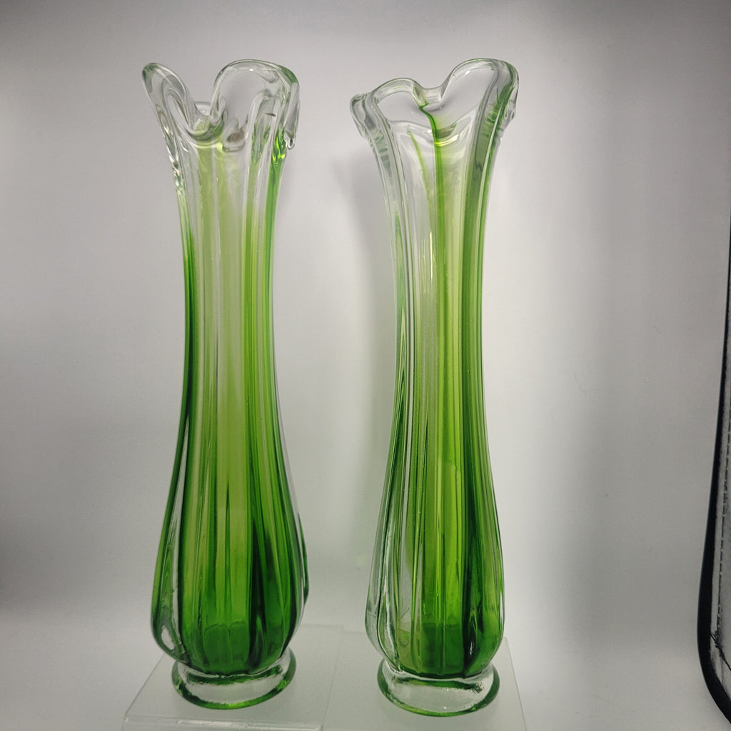 Pair of Vibrant Green Swung Vases. Likely American mid century Glassware - unmarked.
