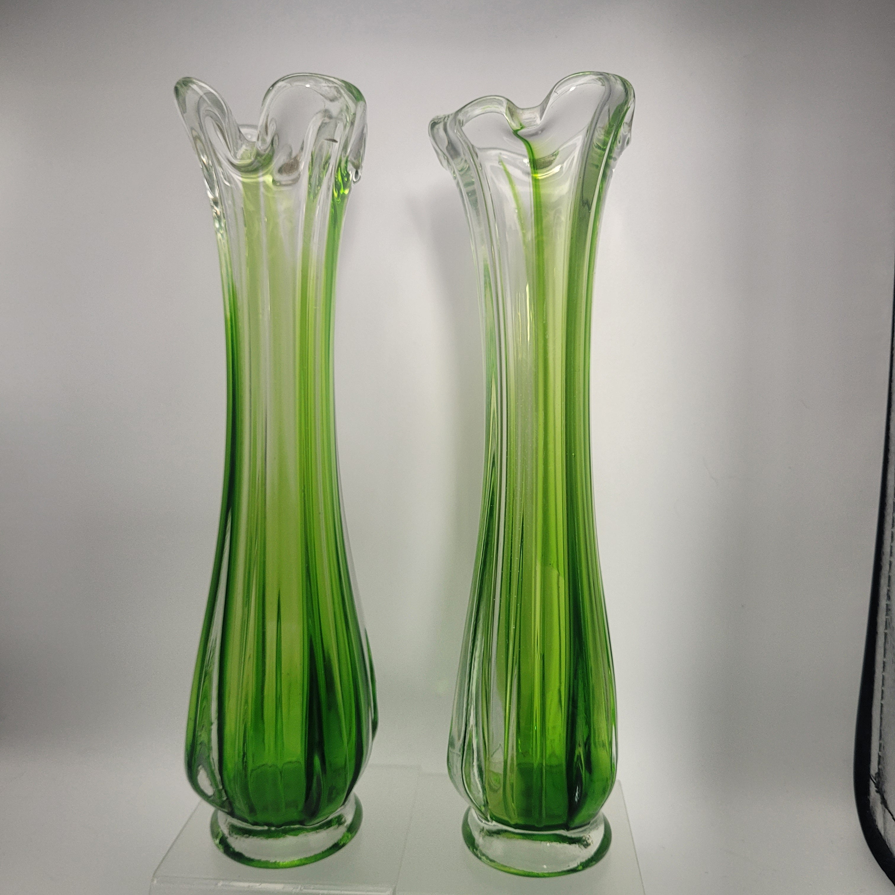 Pair of Vibrant Green Swung Vases. Likely American mid century Glassware - unmarked.