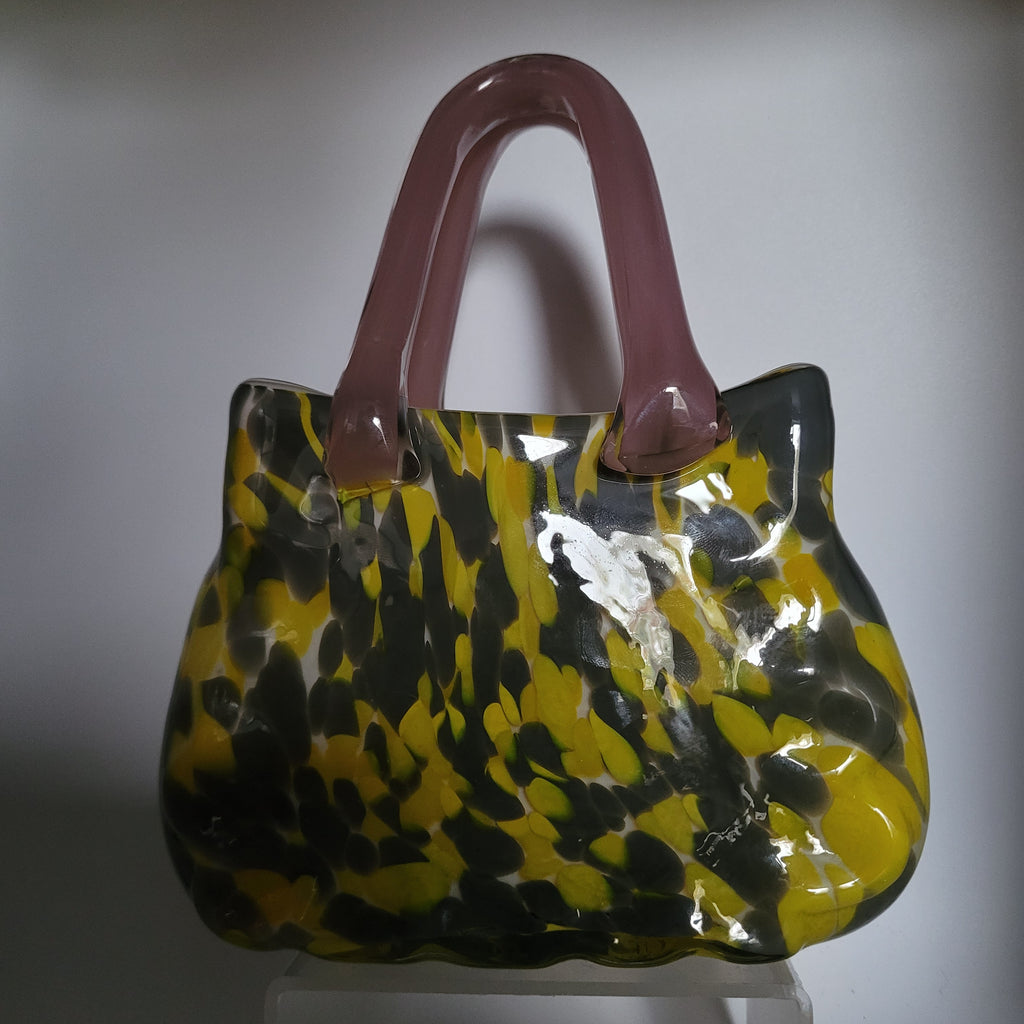 Murano Art Glass Handbag vase/Sculpture – Yellow & Grey with Pink Handles 👛