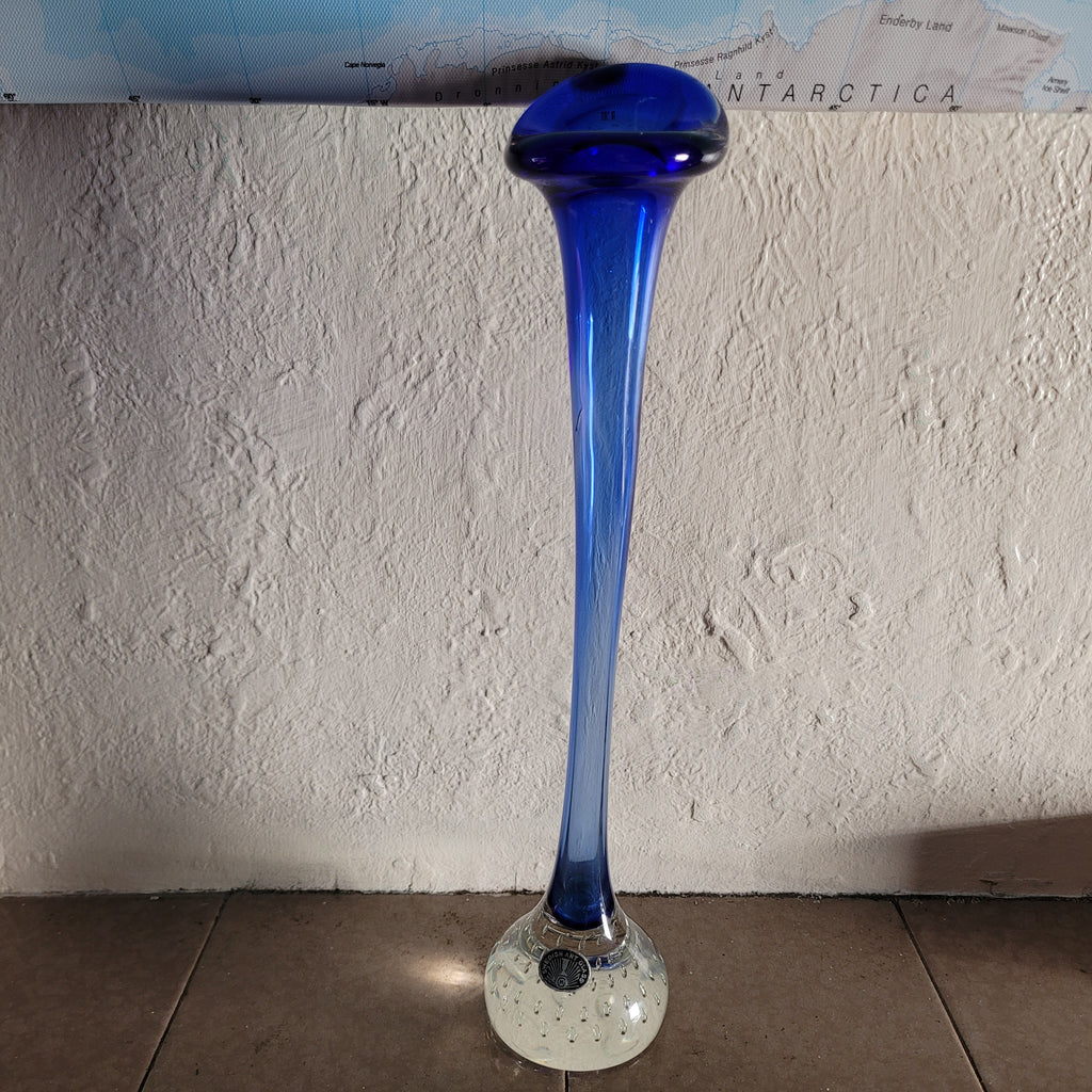 Tall Swedish Art Glass Pulpit Vase — Cobalt Blue with Controlled-Bubble Base, 35 cm tall
