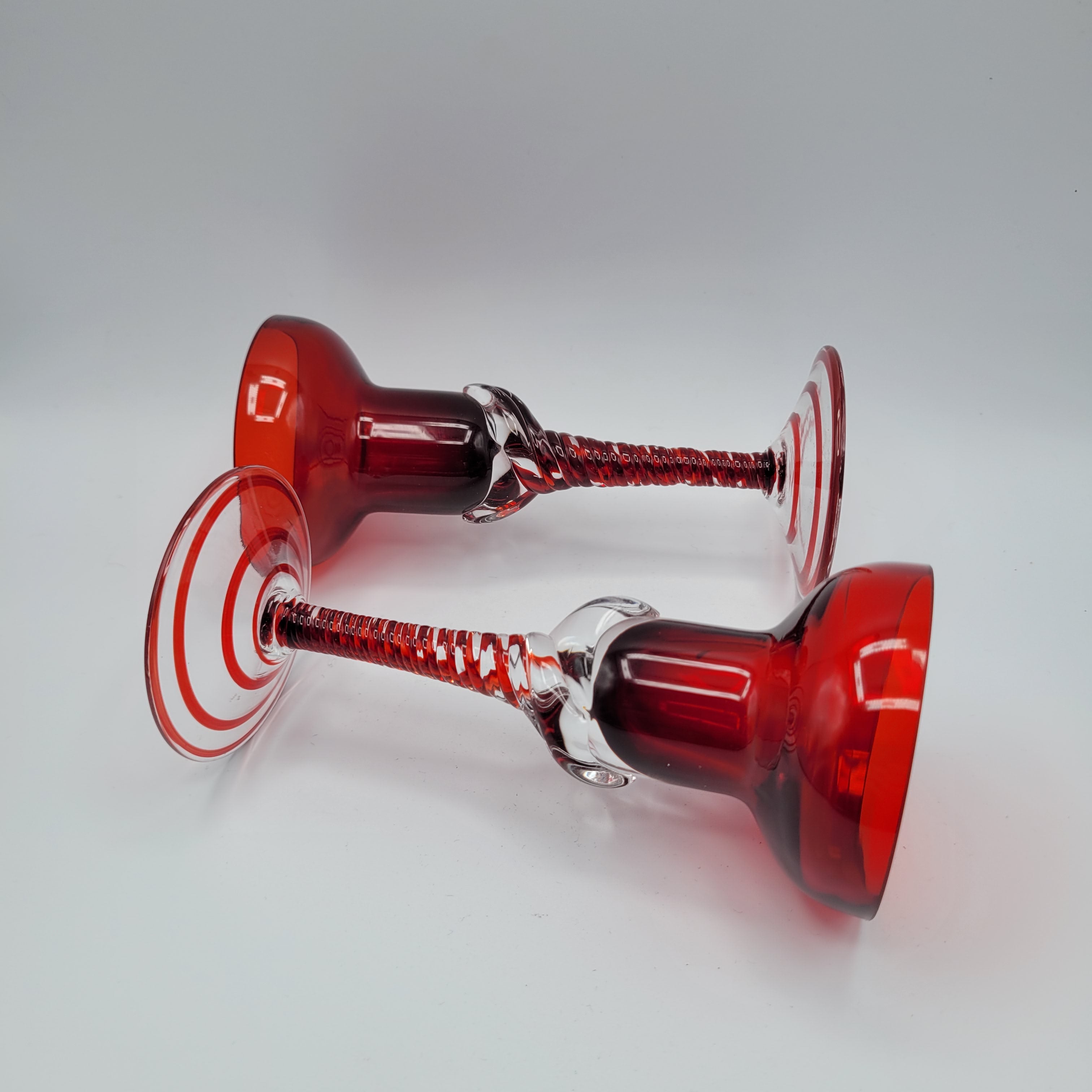 Pair of Polish hand-blown, Ruby glass, twisted stem  candleholders.1960s/70s MCM