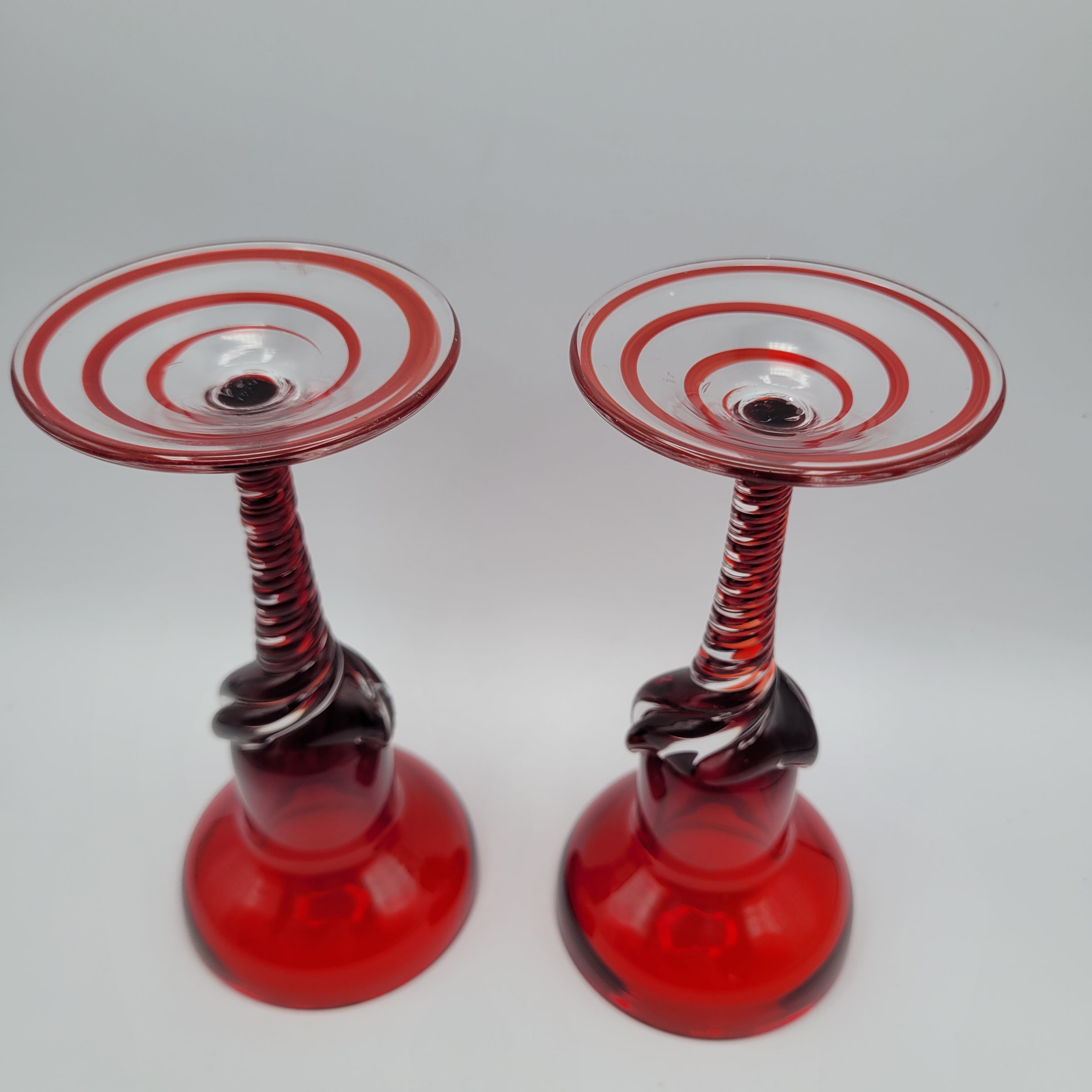 Pair of Polish hand-blown, Ruby glass, twisted stem  candleholders.1960s/70s MCM