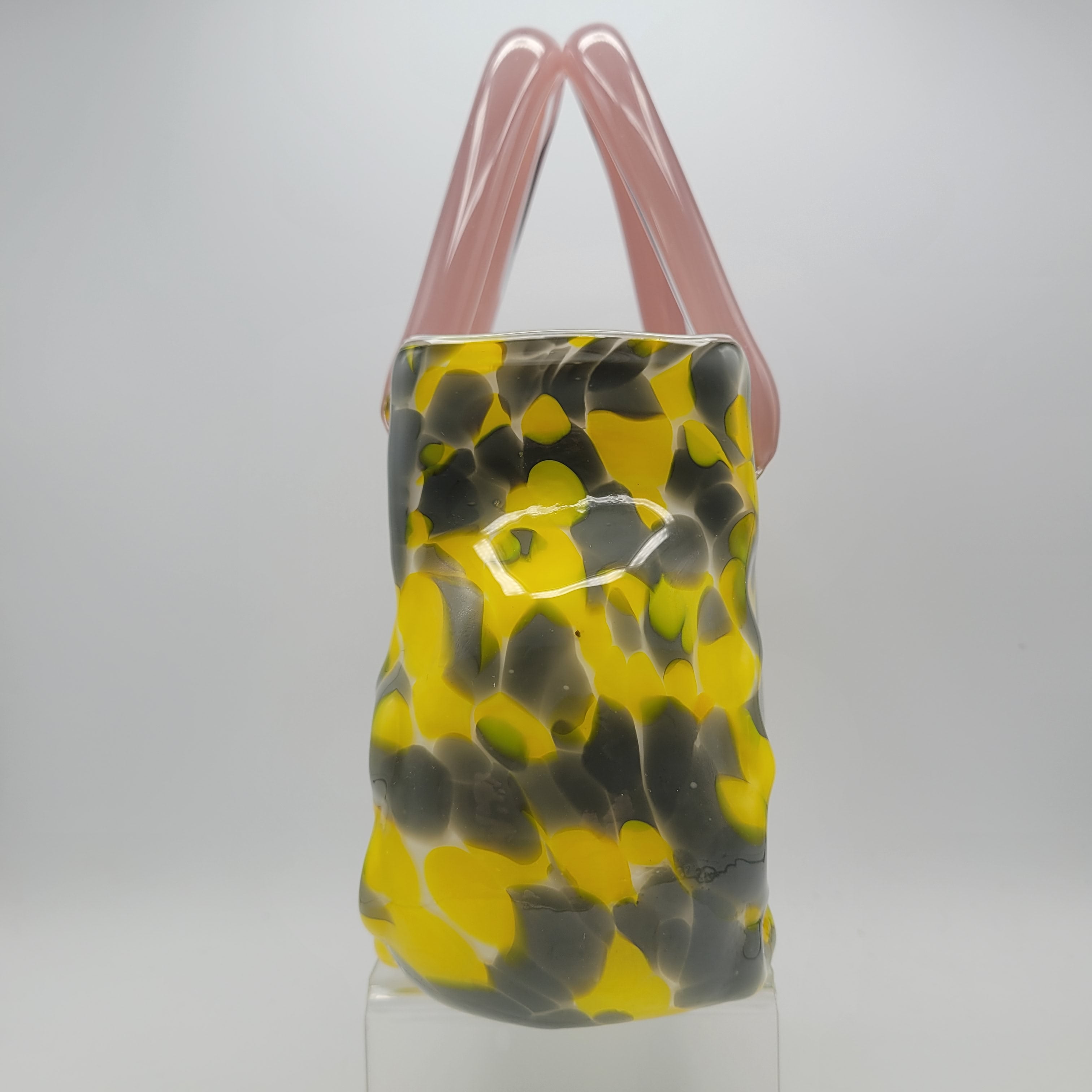 Murano Art Glass Handbag vase/Sculpture – Yellow & Grey with Pink Handles 👛
