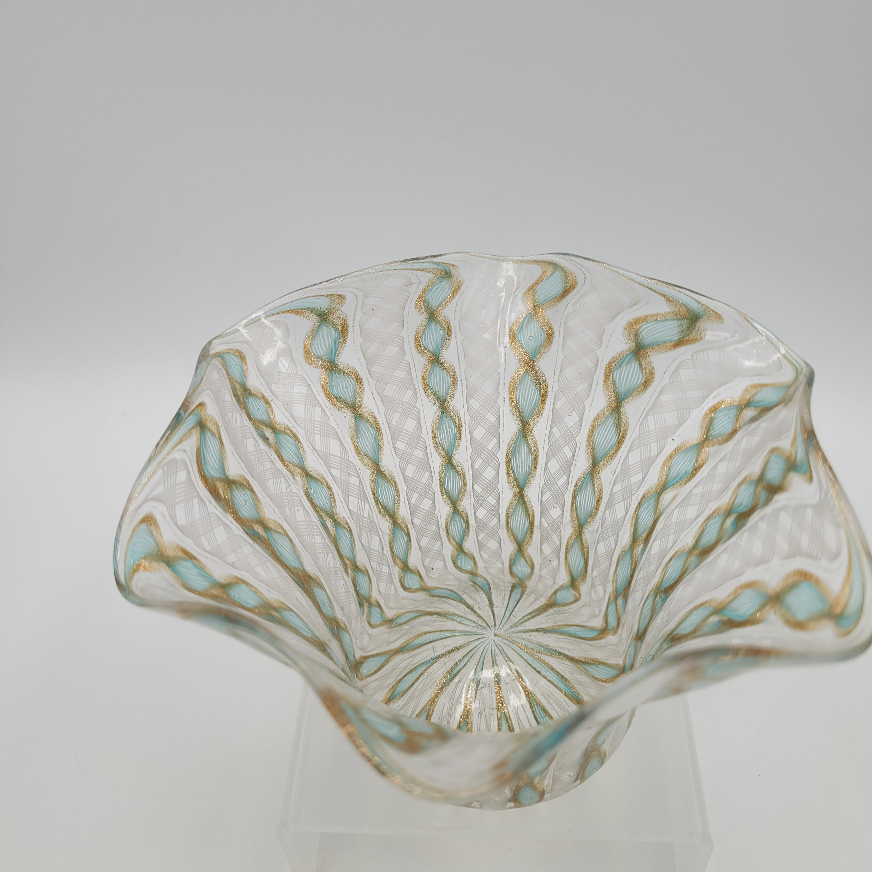 Unmarked Mid-Century Murano Filigrana Zanfirico Aventurine Glass Bowl.