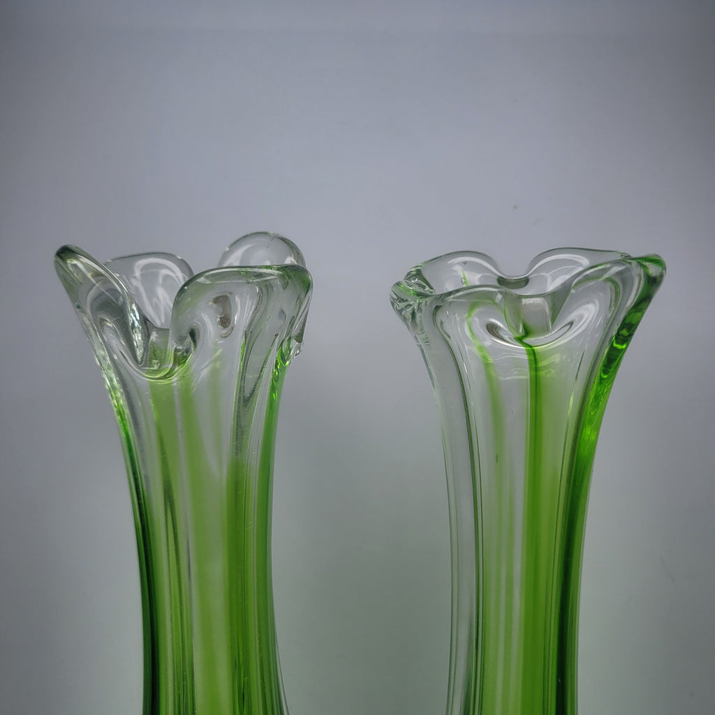 Pair of Vibrant Green Swung Vases. Likely American mid century Glassware - unmarked.