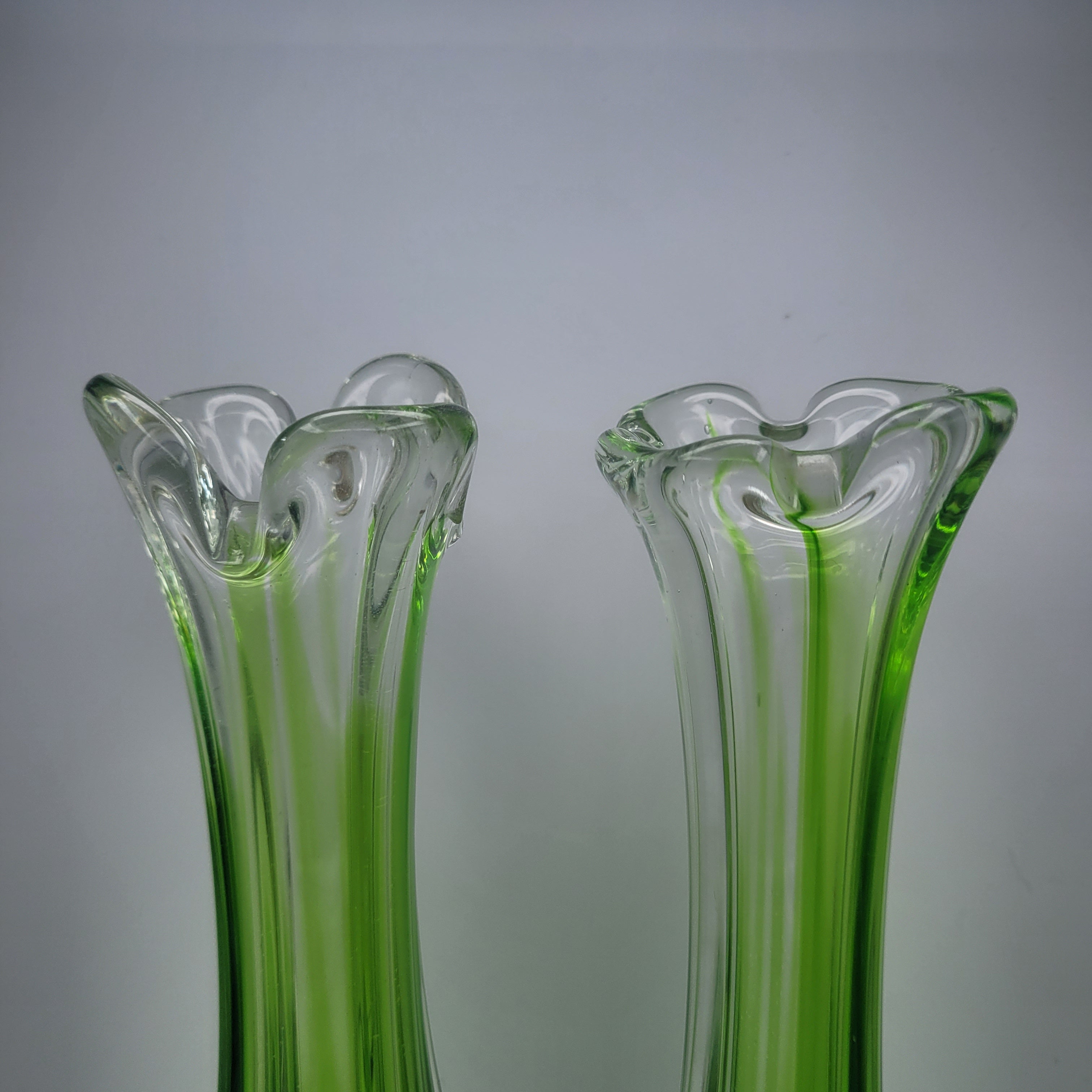 Pair of Vibrant Green Swung Vases. Likely American mid century Glassware - unmarked.