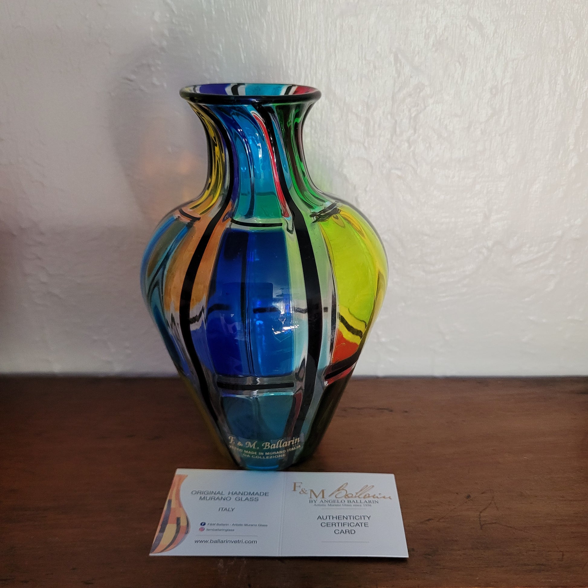 Angelo Ballarin "Carnevale Vase" from the F&M Ballarin studio. Signed, label, and certified Murano Pezzato Glass